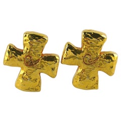 Christian Lacroix Vintage Textured CL Monogram Cross Clip-On Earrings
