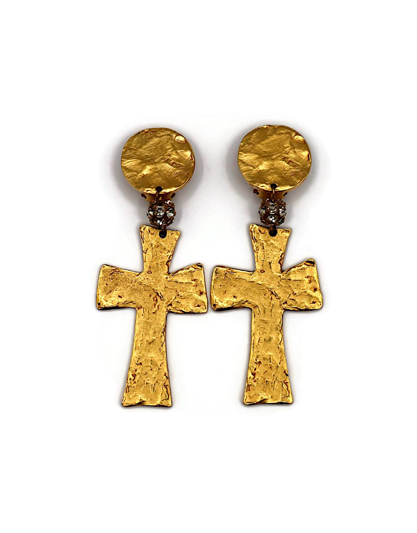 Women's CHRISTIAN LACROIX Vintage Textured Gold Tone Cross Dangling Earrings