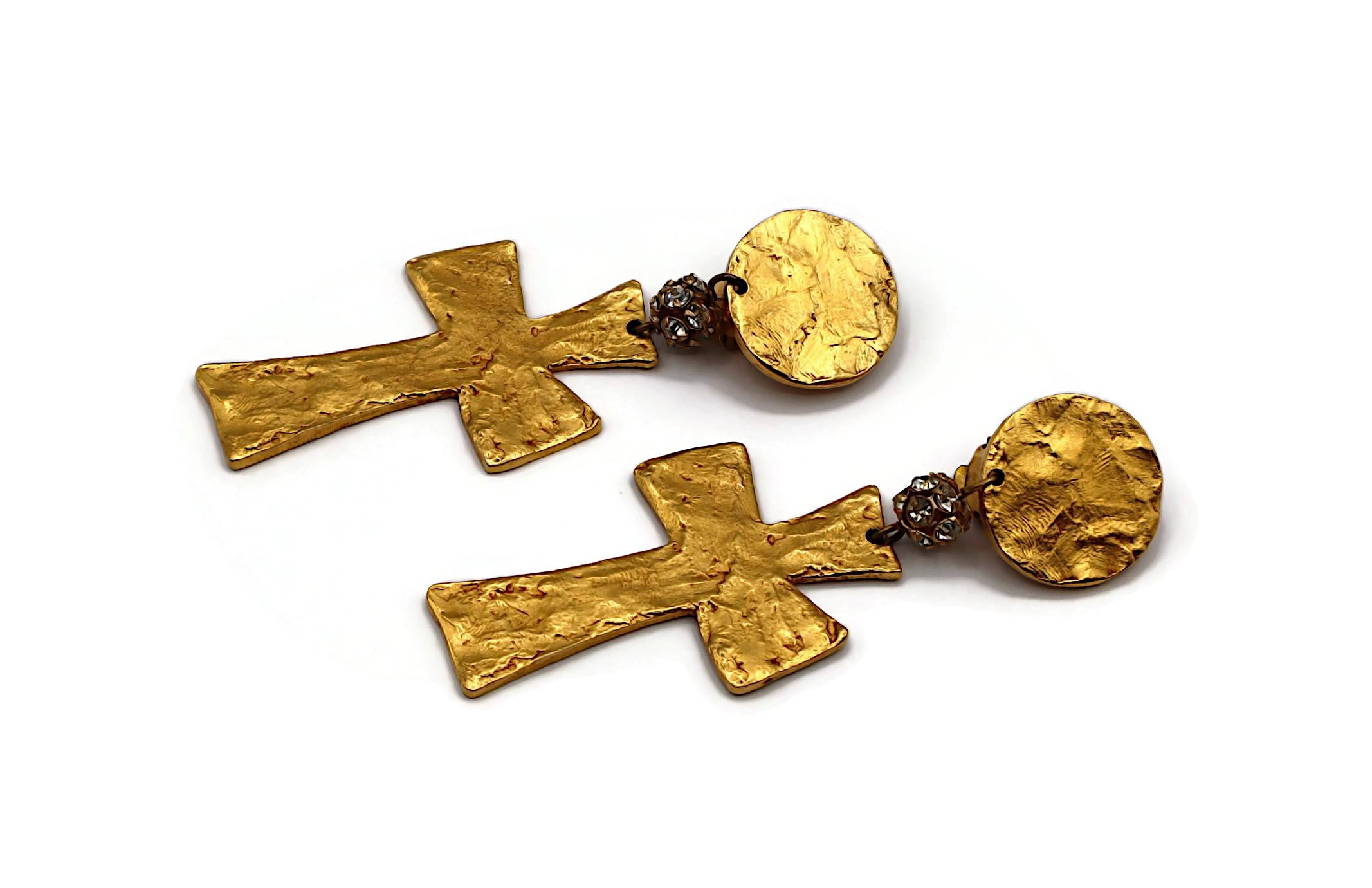 CHRISTIAN LACROIX Vintage Textured Gold Tone Cross Dangling Earrings 1
