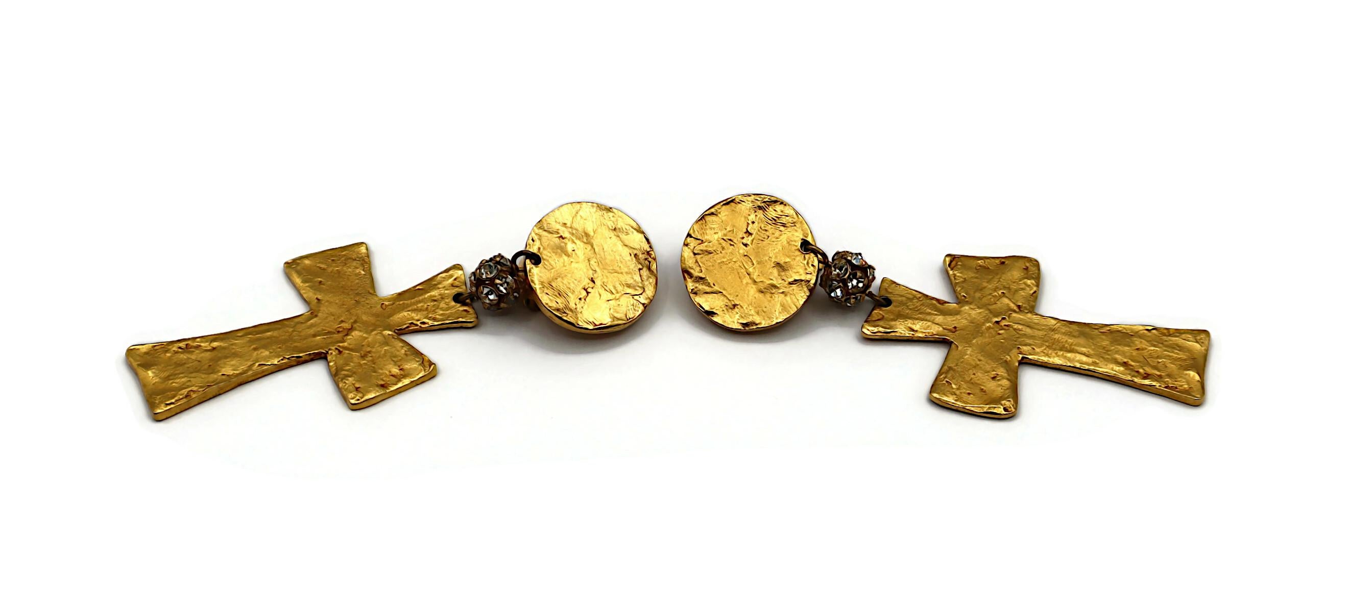 CHRISTIAN LACROIX Vintage Textured Gold Tone Cross Dangling Earrings 2