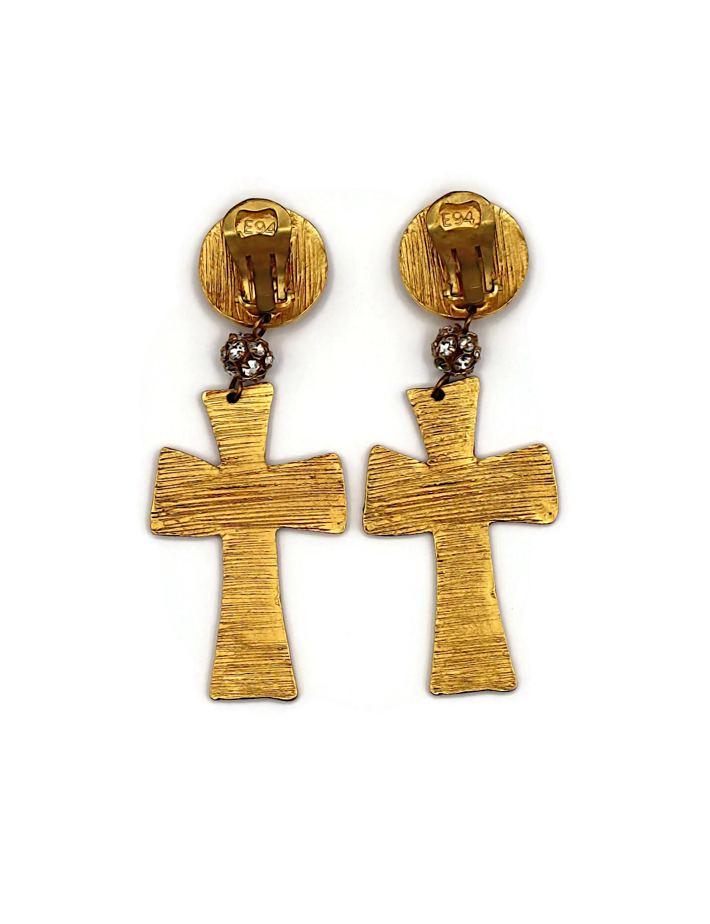 CHRISTIAN LACROIX Vintage Textured Gold Tone Cross Dangling Earrings 3