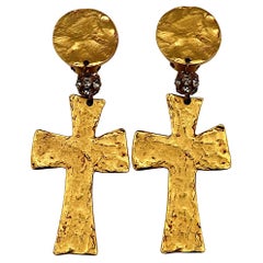 CHRISTIAN LACROIX Vintage Textured Gold Tone Cross Dangling Earrings