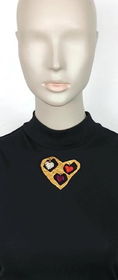 CHRISTIAN LACROIX Vintage Textured Gold Toned Heart Charms Brooch