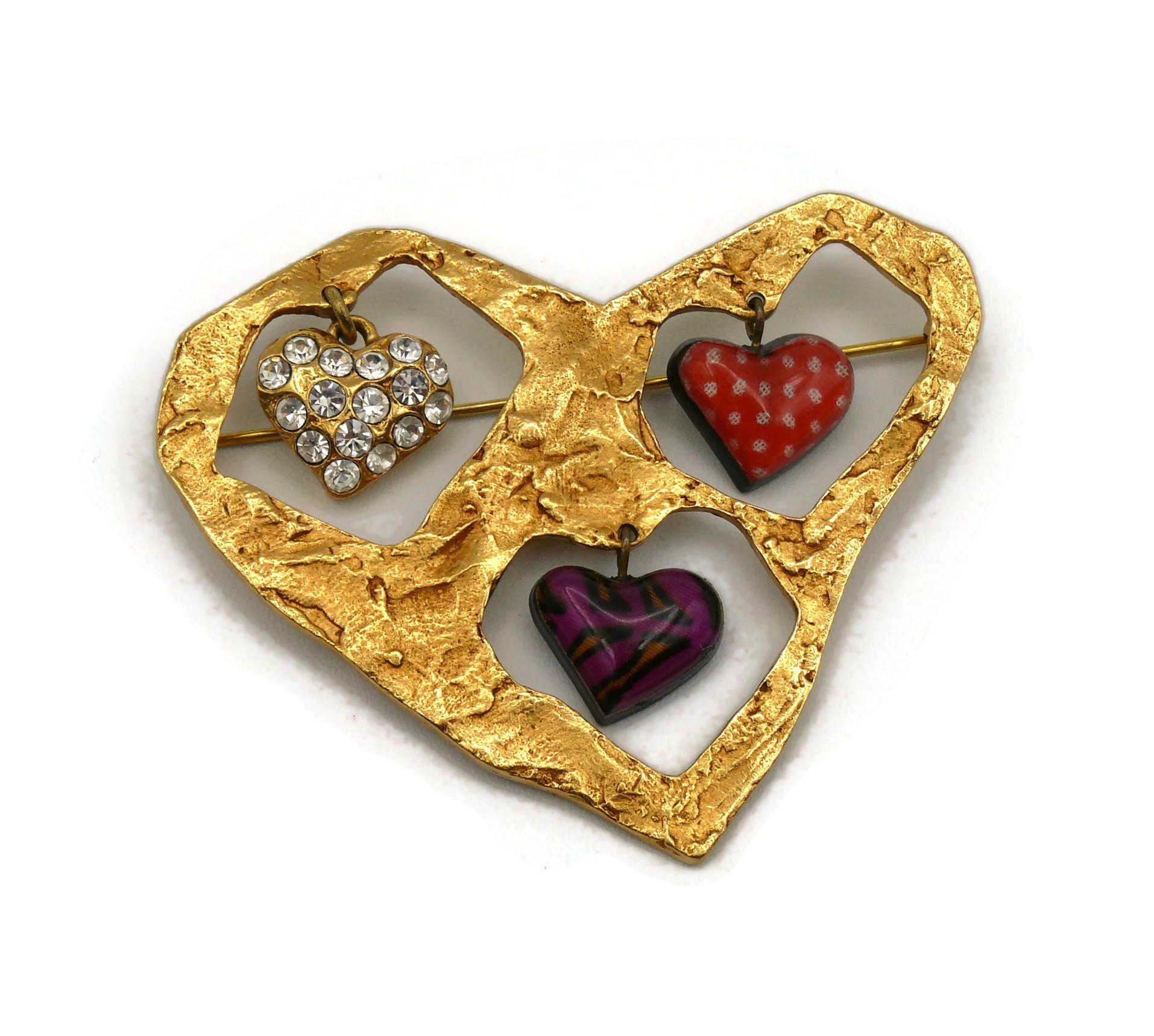 Women's CHRISTIAN LACROIX Vintage Textured Gold Toned Heart Charms Brooch For Sale