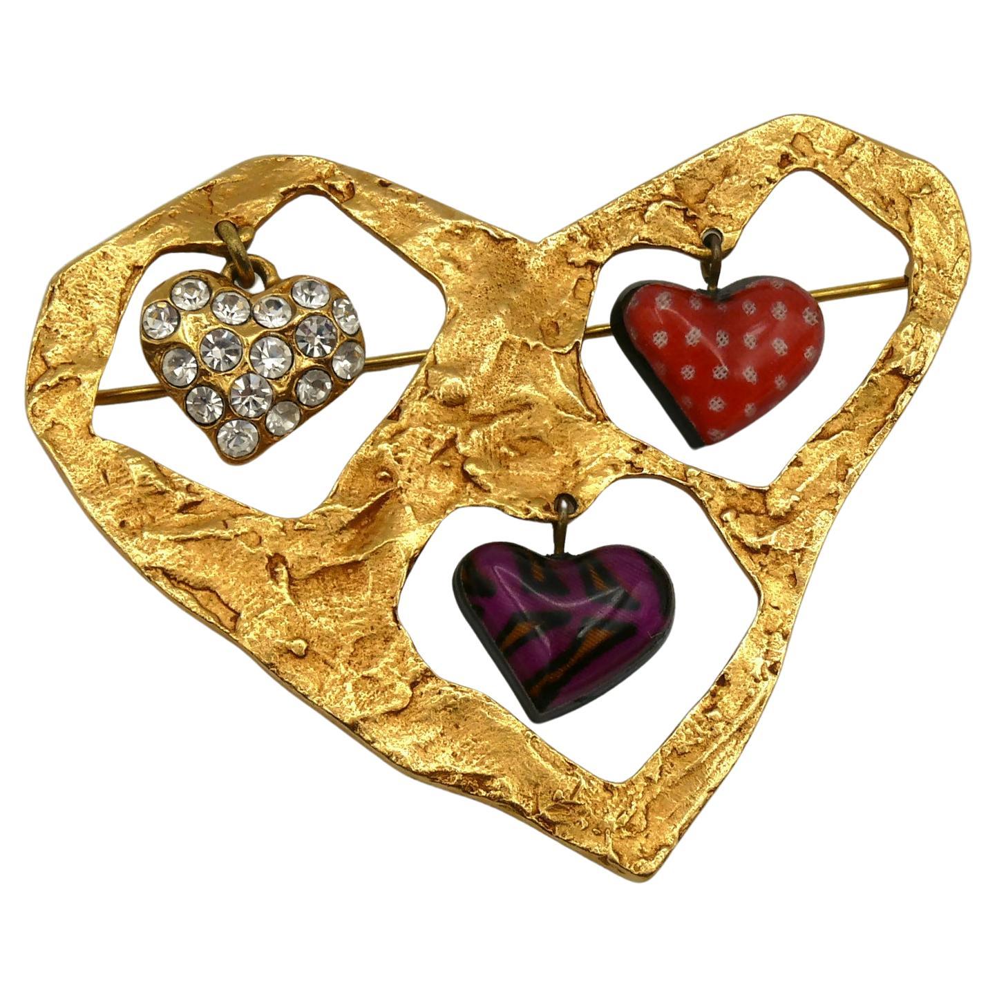 CHRISTIAN LACROIX Vintage Textured Gold Toned Heart Charms Brooch For Sale