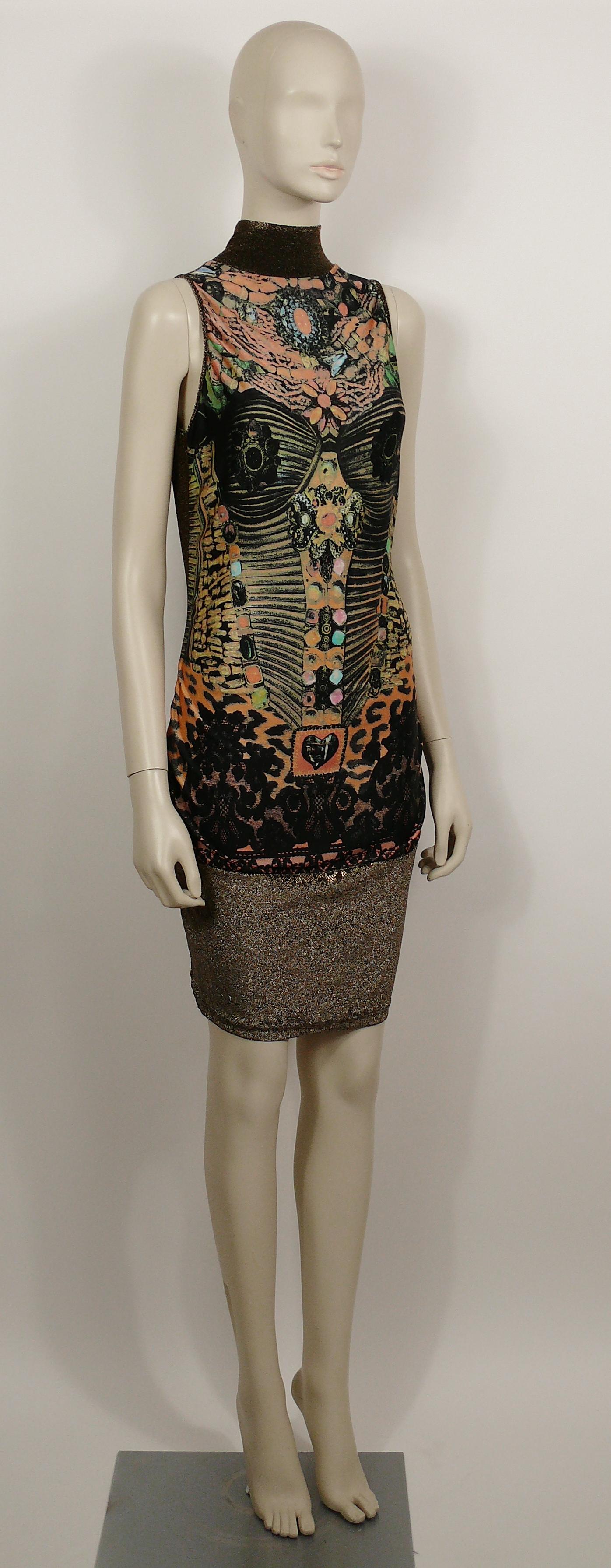 CHRISTIAN LACROIX vintage trompe l'œil bustier, jewels and lace print sleeveless turtleneck dress.

The front bottom is made of gold lame with a lace pattern (see photo 11).
The back is made of gold/bronze lame.

Slips on.
Has stretch.

Label reads