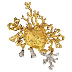 Christian Lacroix Vintage Unisex Massive Gold Coral Heart Silver Drop Brooch