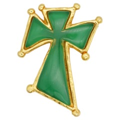 Spilla vintage unisex Christian Lacroix: rara spilla a forma di croce con cabochon verde e oro, effetto gelatinoso
