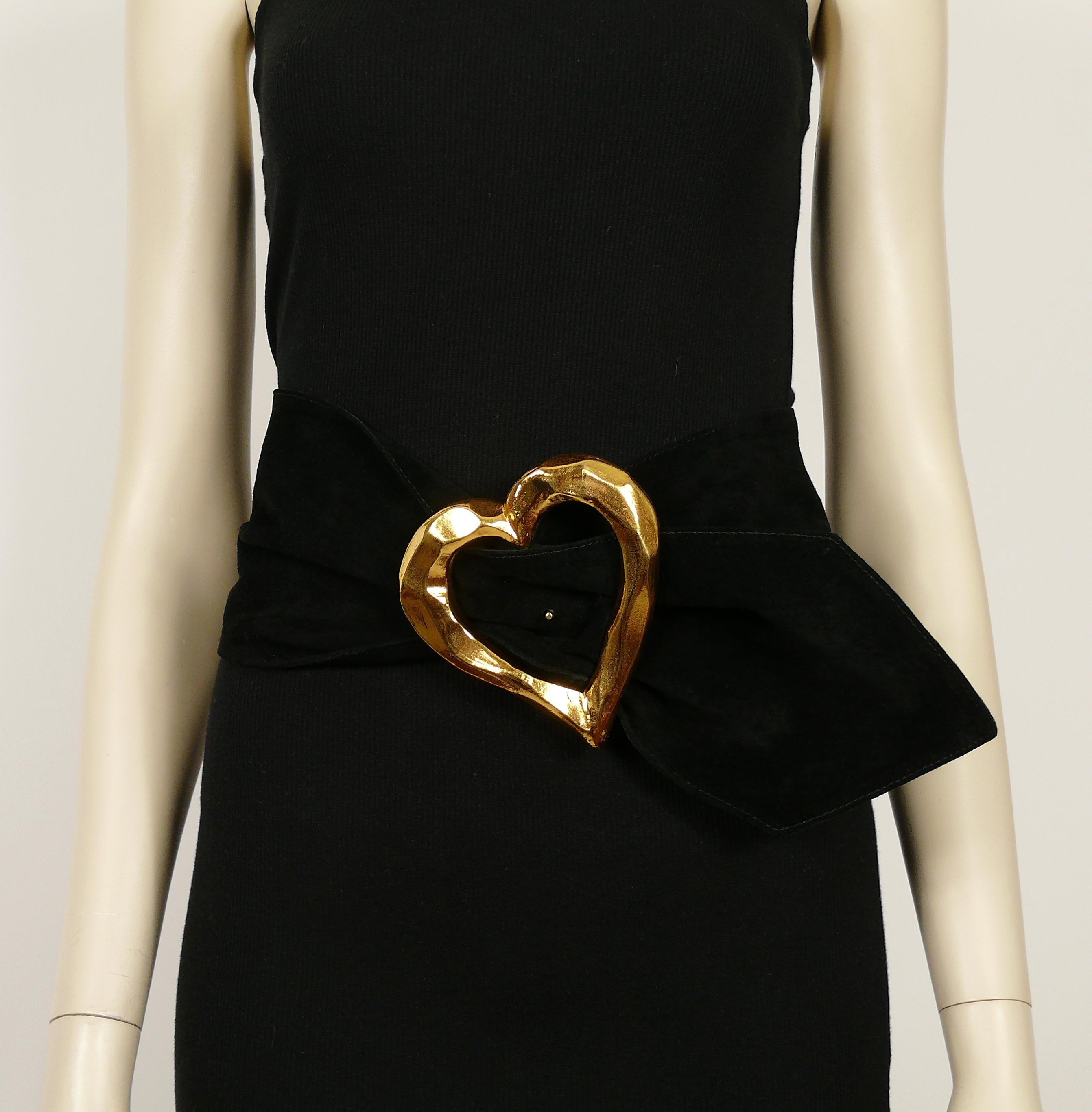 Women's Christian Lacroix Vintage Wide Black Suede Belt with Oversized Gilt Heart Buckle