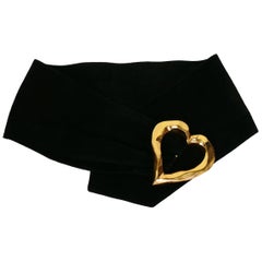 Christian Lacroix Vintage Wide Black Suede Belt with Oversized Gilt Heart Buckle