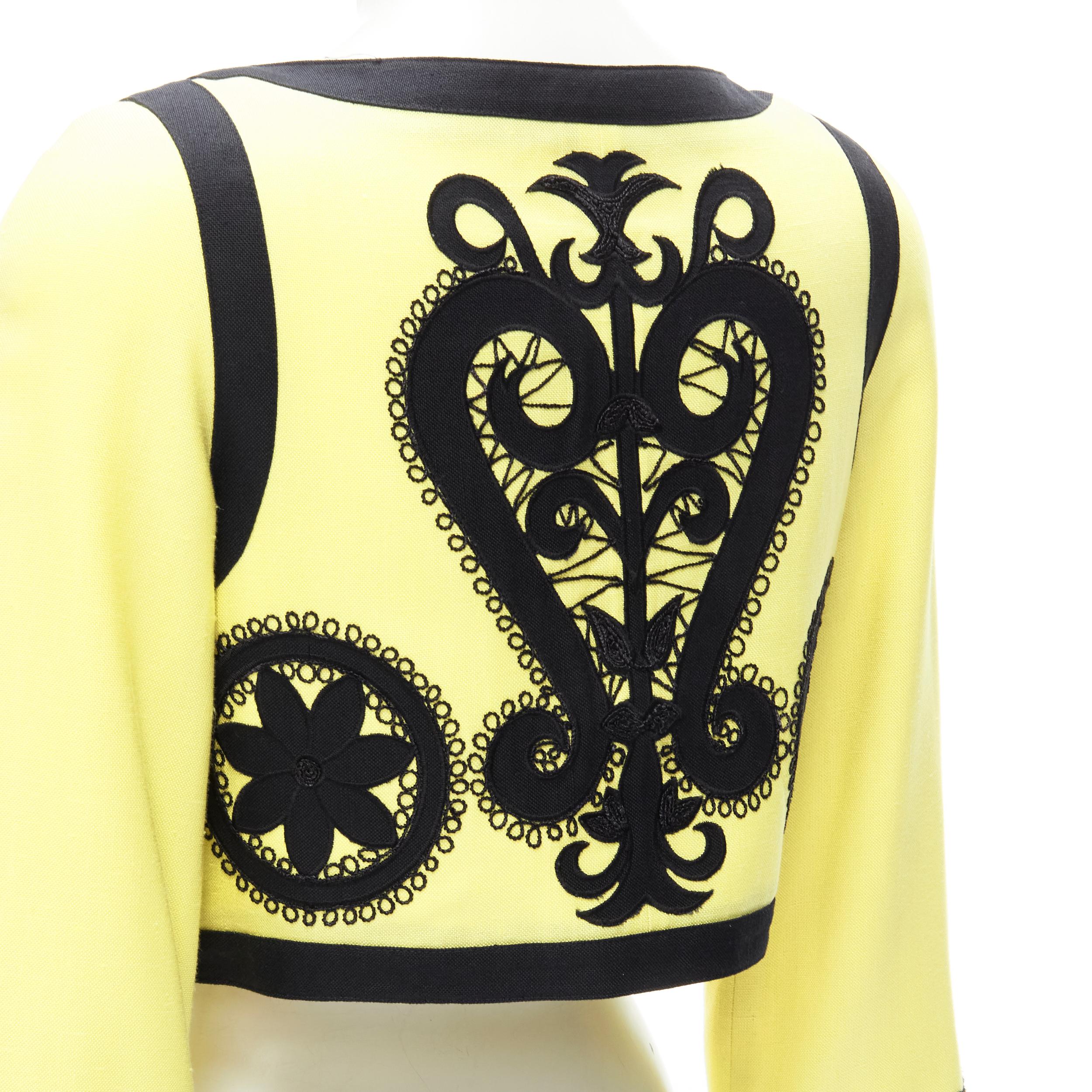 CHRISTIAN LACROIX Vintage yellow black Matador embroidery cropped jacket IT38 XS 
Reference: TGAS/C01260 
Brand: Christian Lacroix 
Material: Viscose 
Color: Yellow 
Pattern: Solid 
Closure: Button
Extra Detail: Matador inspired embroidery