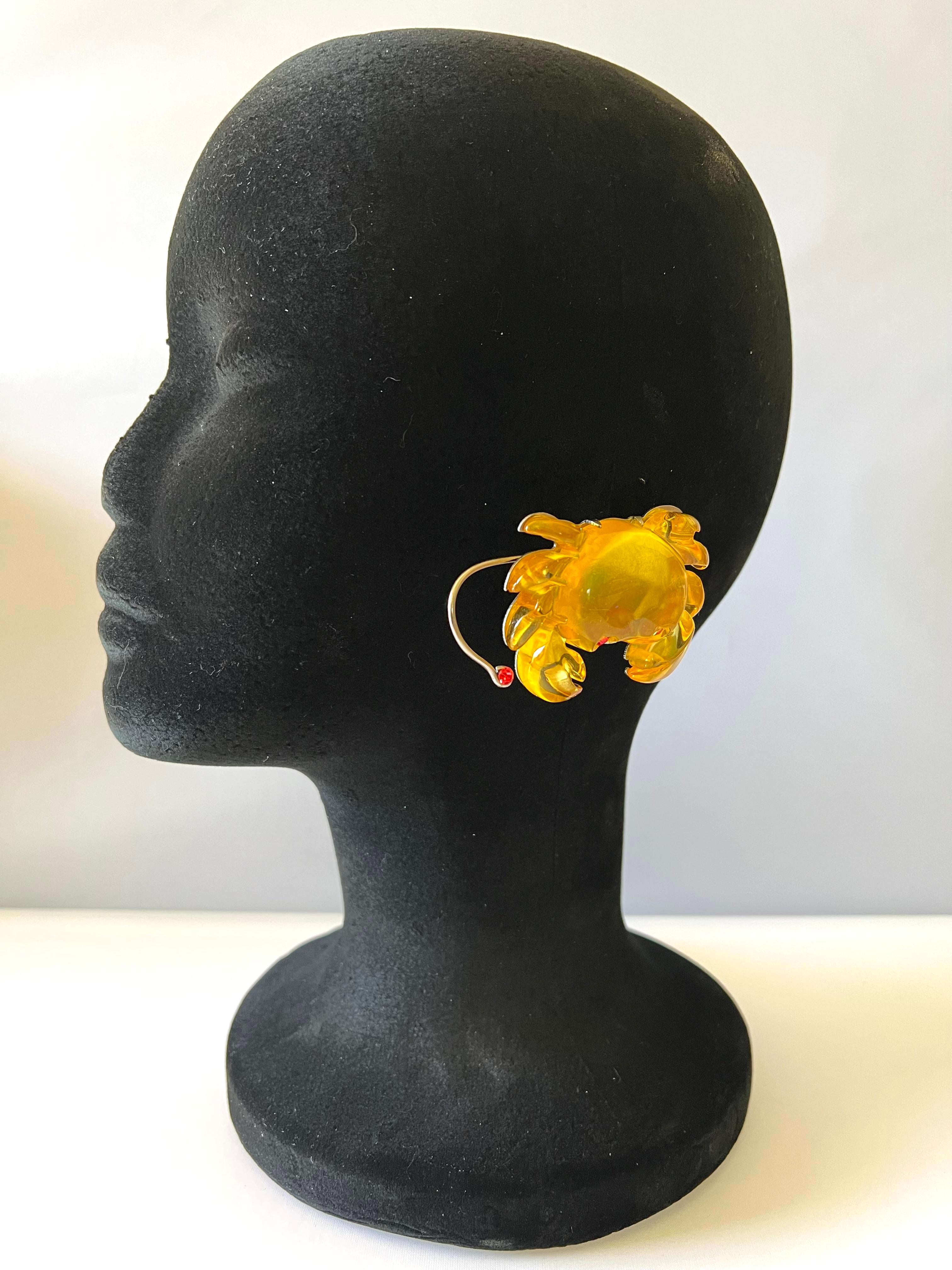 Vintage carved yellow acrylic crab statement clip-on earrings by Christian Lacroix, Paris - the earrings have ear hooks for additional support. If desired the ear hooks can be removed. Made in France circa 1980 - 1990. 