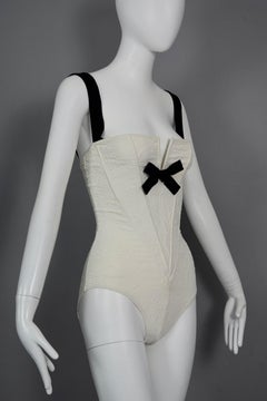 CHRISTIAN LACROIX Wired Corset Brocade Ivory White Contrast Bow Strap Bodysuit