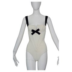 CHRISTIAN LACROIX Wired Corset Brocade Ivory White Contrast Bow Strap Bodysuit