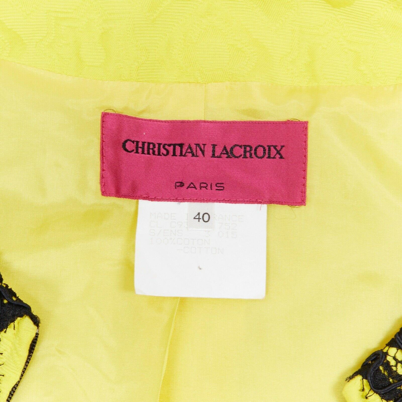 CHRISTIAN LACROIX yellow cotton floral jacquard black lace padded jacket FR40 For Sale 5