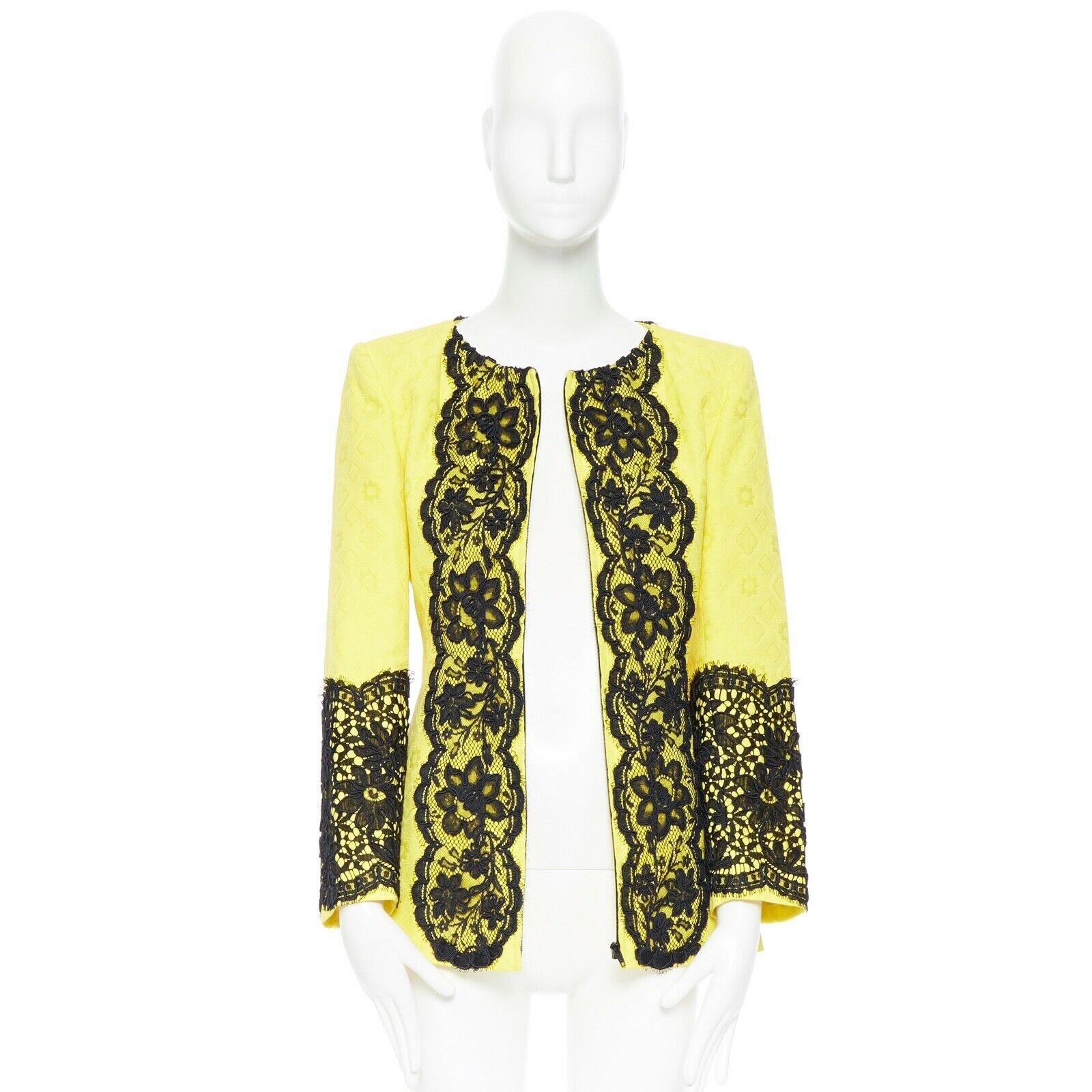 Yellow CHRISTIAN LACROIX yellow cotton floral jacquard black lace padded jacket FR40 For Sale
