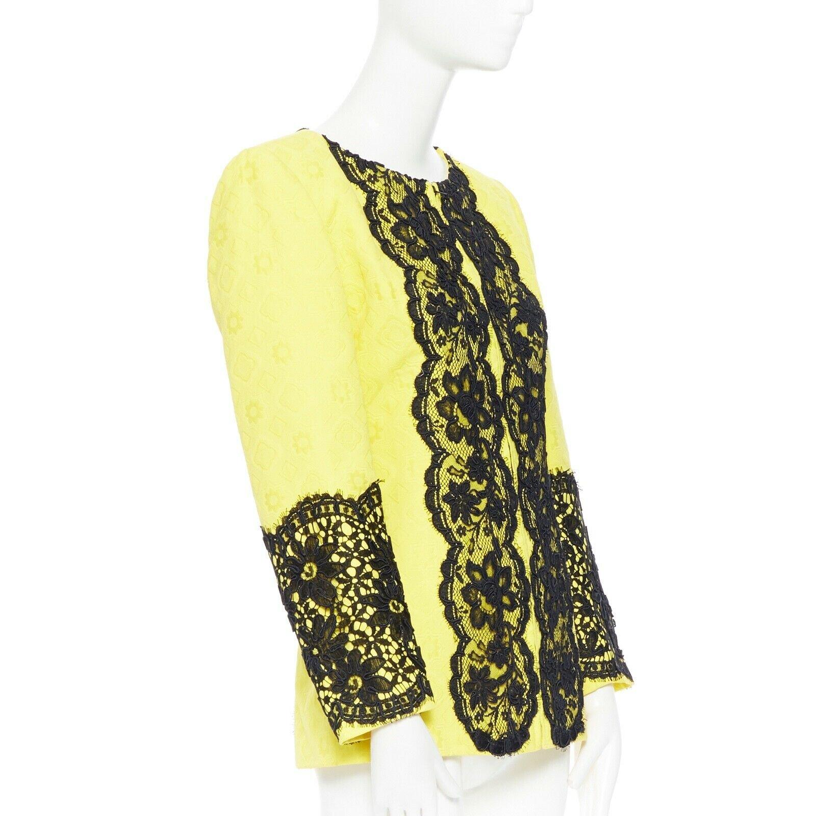 CHRISTIAN LACROIX yellow cotton floral jacquard black lace padded jacket FR40 In Good Condition For Sale In Hong Kong, NT