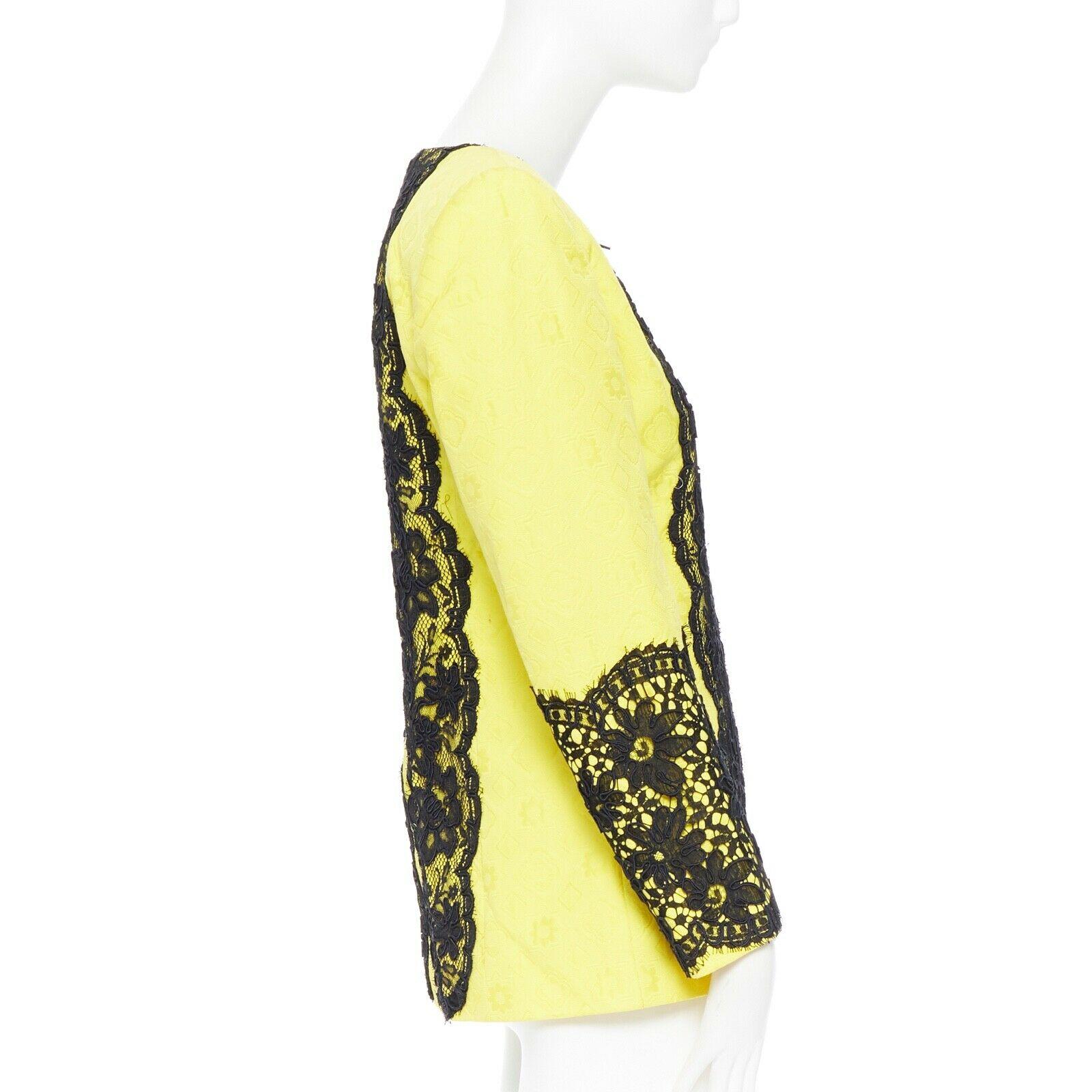 Yellow CHRISTIAN LACROIX yellow cotton floral jacquard black lace padded jacket FR40