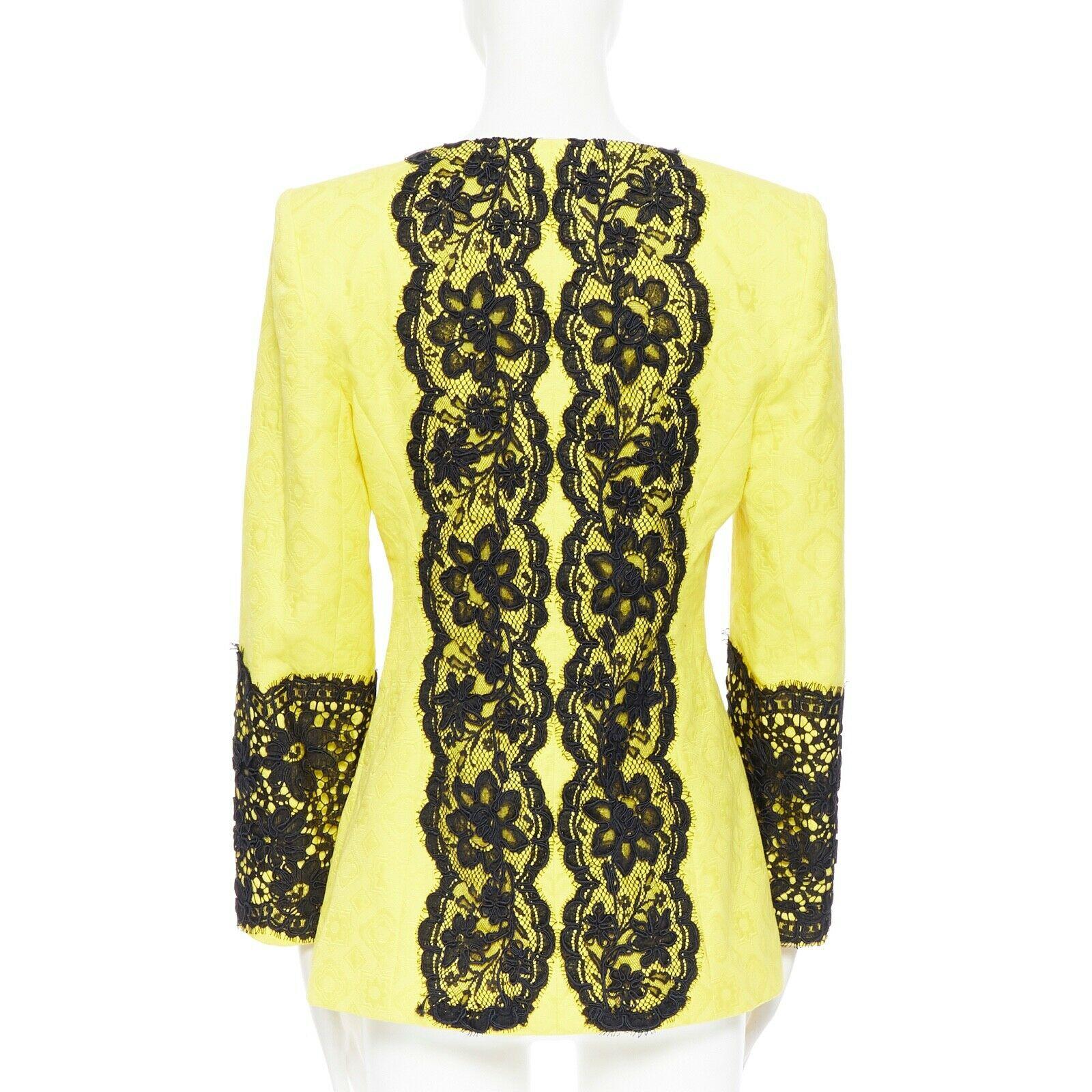 CHRISTIAN LACROIX yellow cotton floral jacquard black lace padded jacket FR40 In Excellent Condition In Hong Kong, NT
