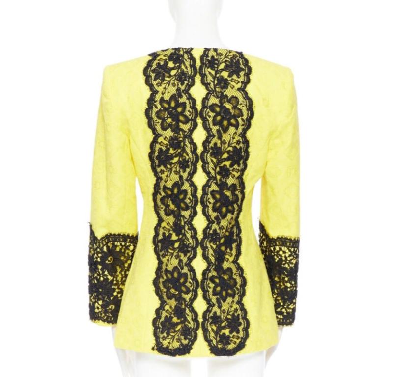 CHRISTIAN LACROIX yellow cotton floral jacquard black lace padded jacket FR40 For Sale 1