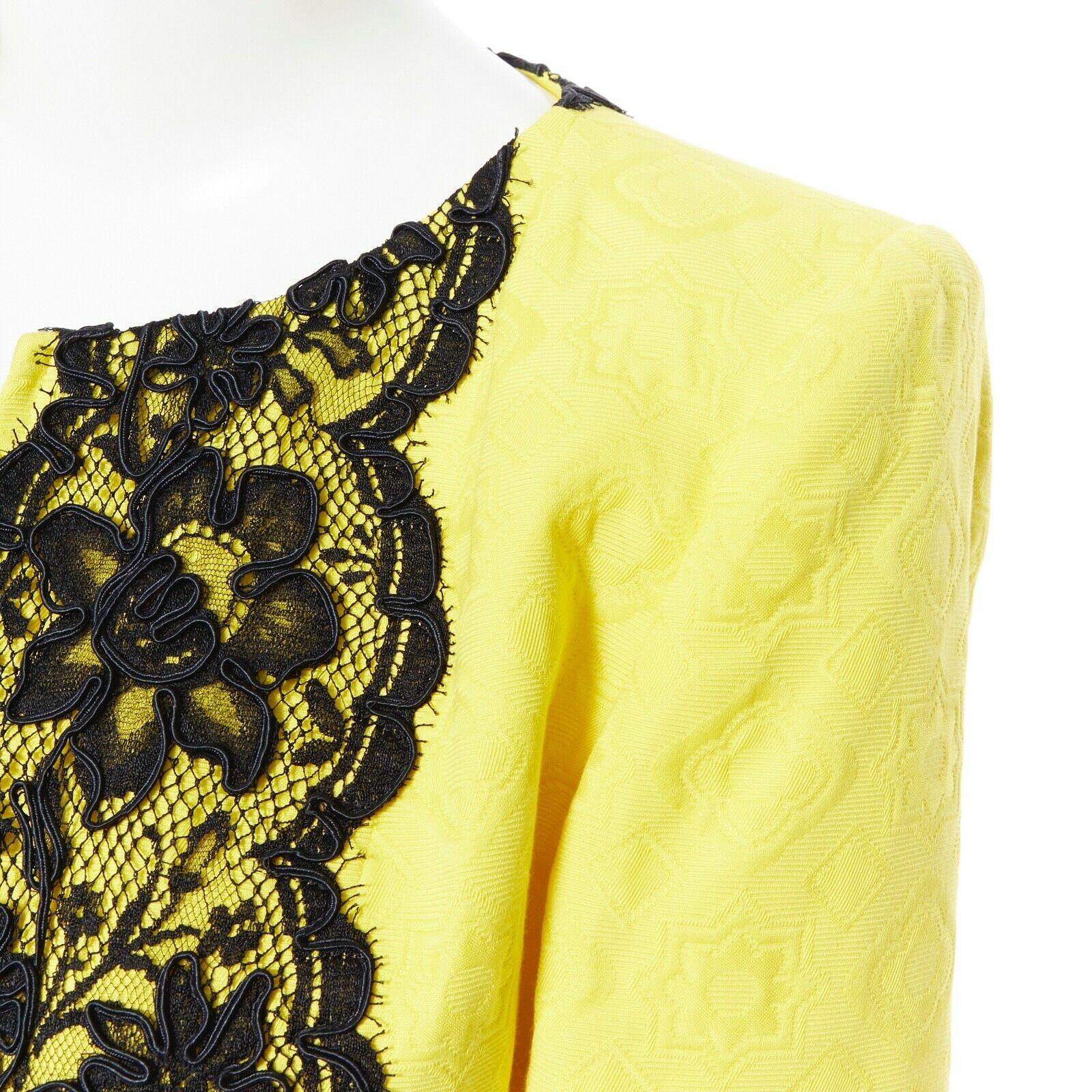 CHRISTIAN LACROIX yellow cotton floral jacquard black lace padded jacket FR40 1