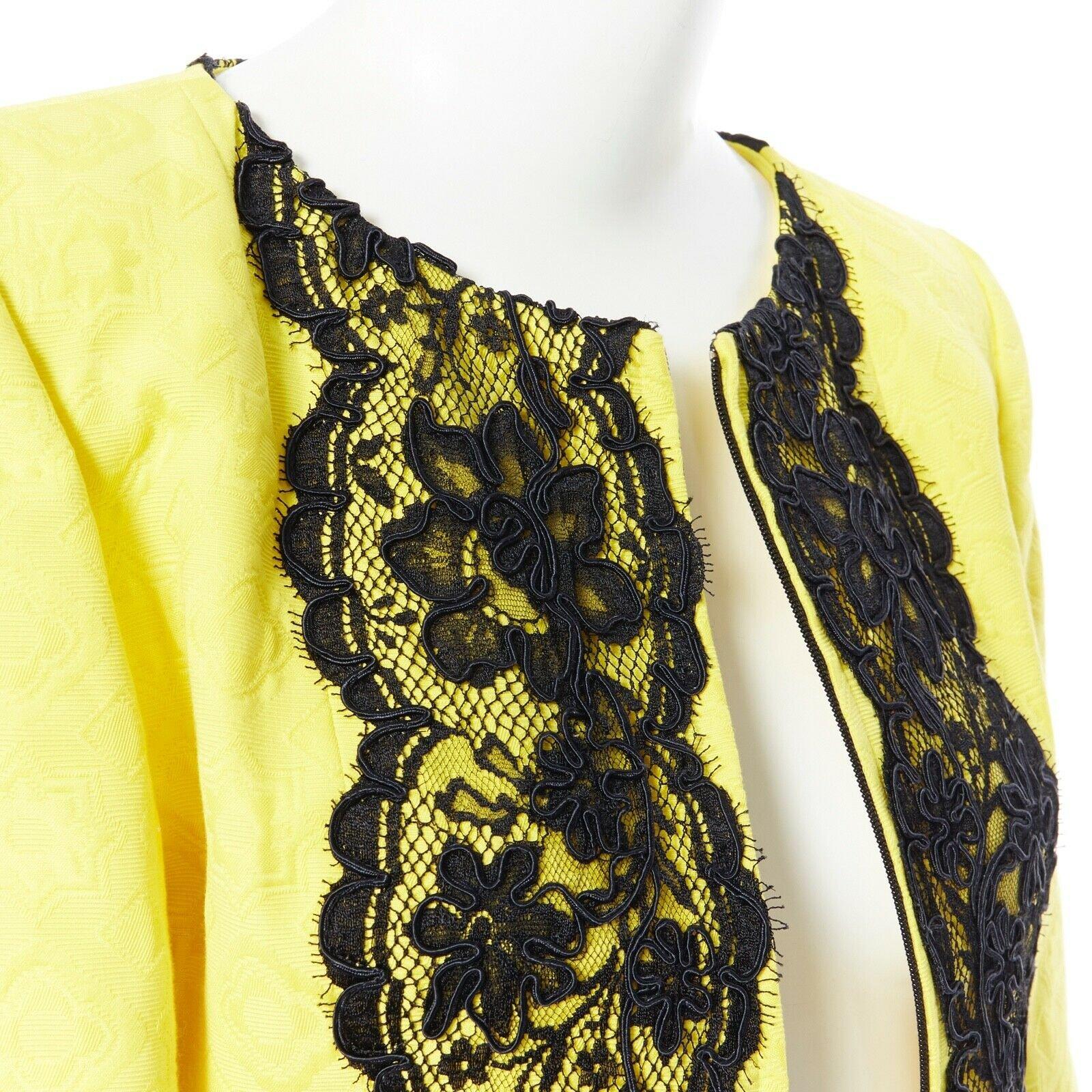 CHRISTIAN LACROIX yellow cotton floral jacquard black lace padded jacket FR40 For Sale 4