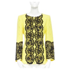 CHRISTIAN LACROIX yellow cotton floral jacquard black lace padded jacket FR40