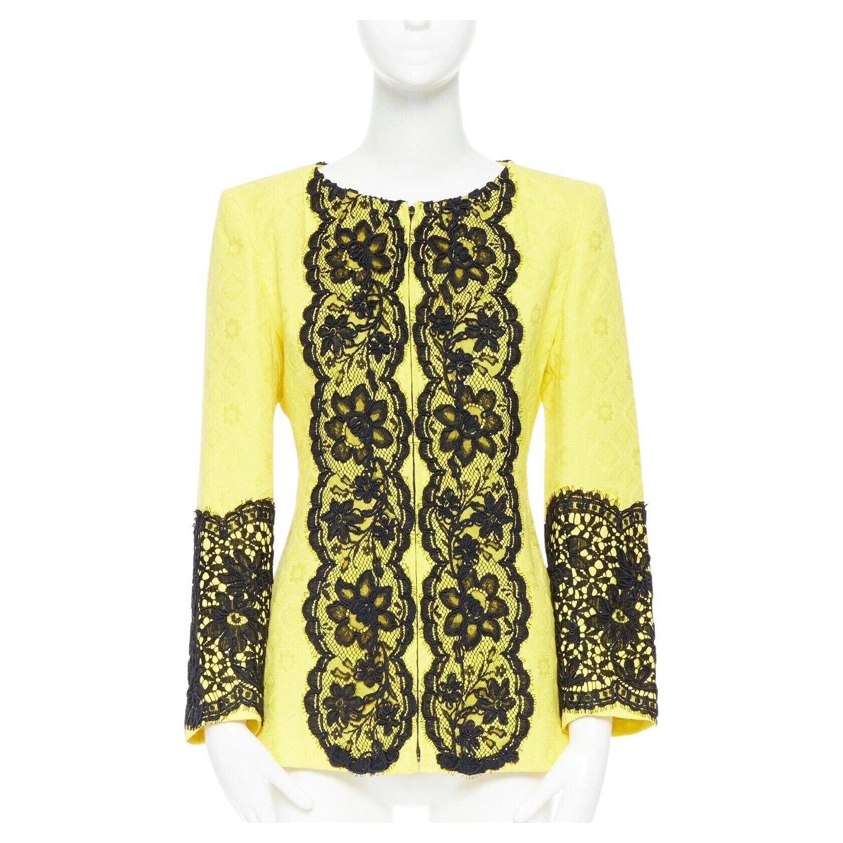 CHRISTIAN LACROIX yellow cotton floral jacquard black lace padded jacket FR40 For Sale