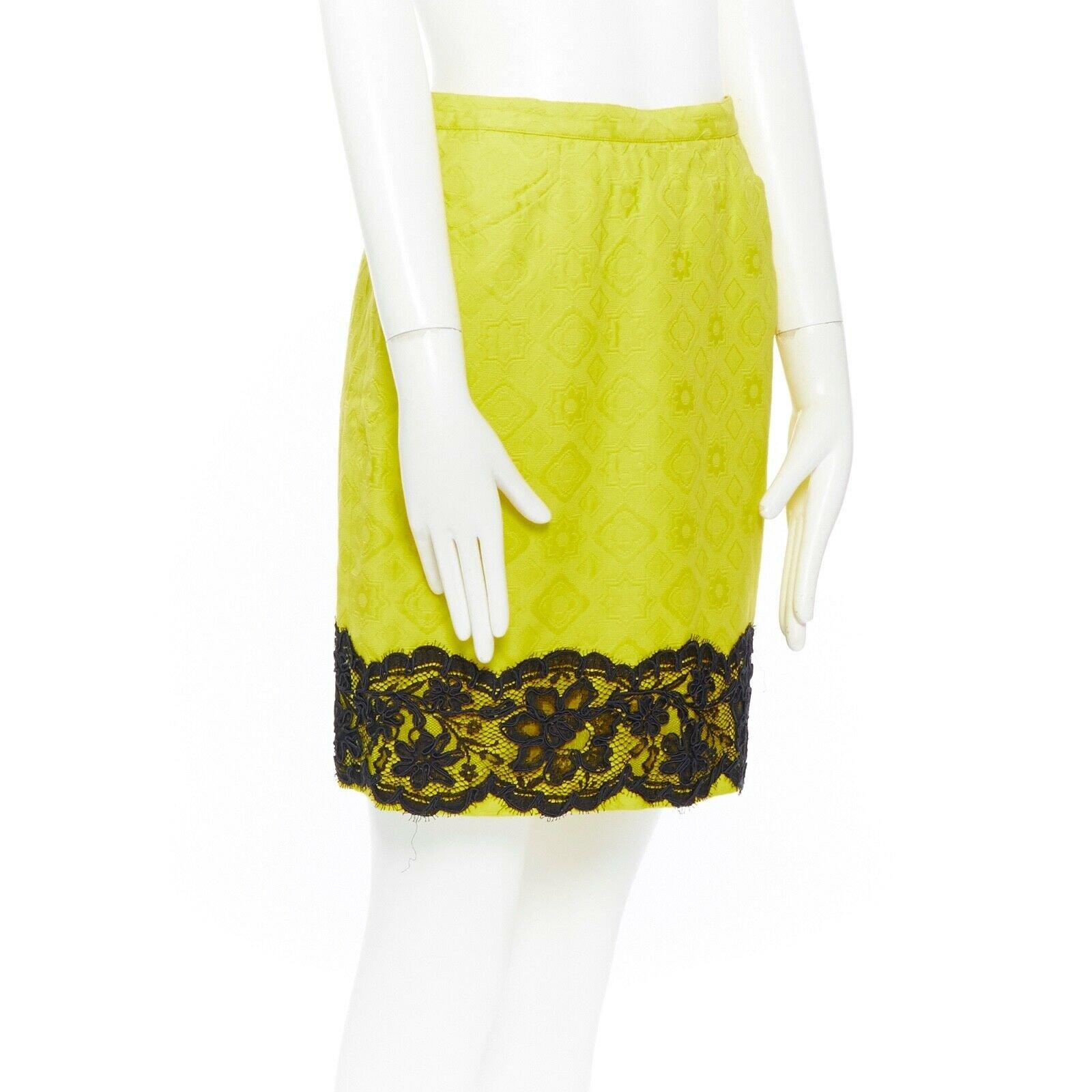 Women's CHRISTIAN LACROIX yellow cotton floral jacquard black lace pencil skirt FR40