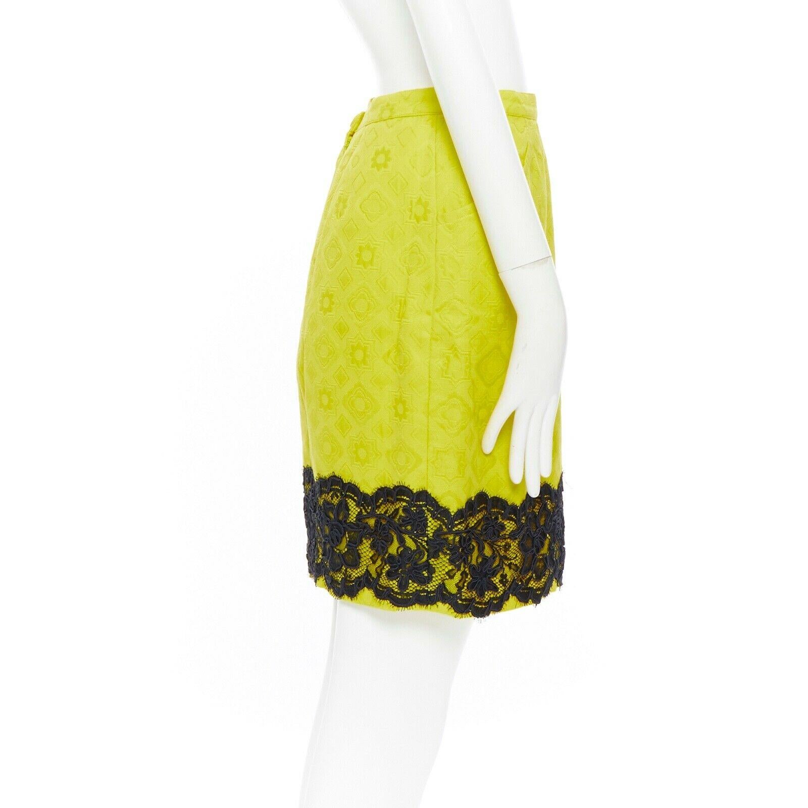 Yellow CHRISTIAN LACROIX yellow cotton floral jacquard black lace pencil skirt FR40