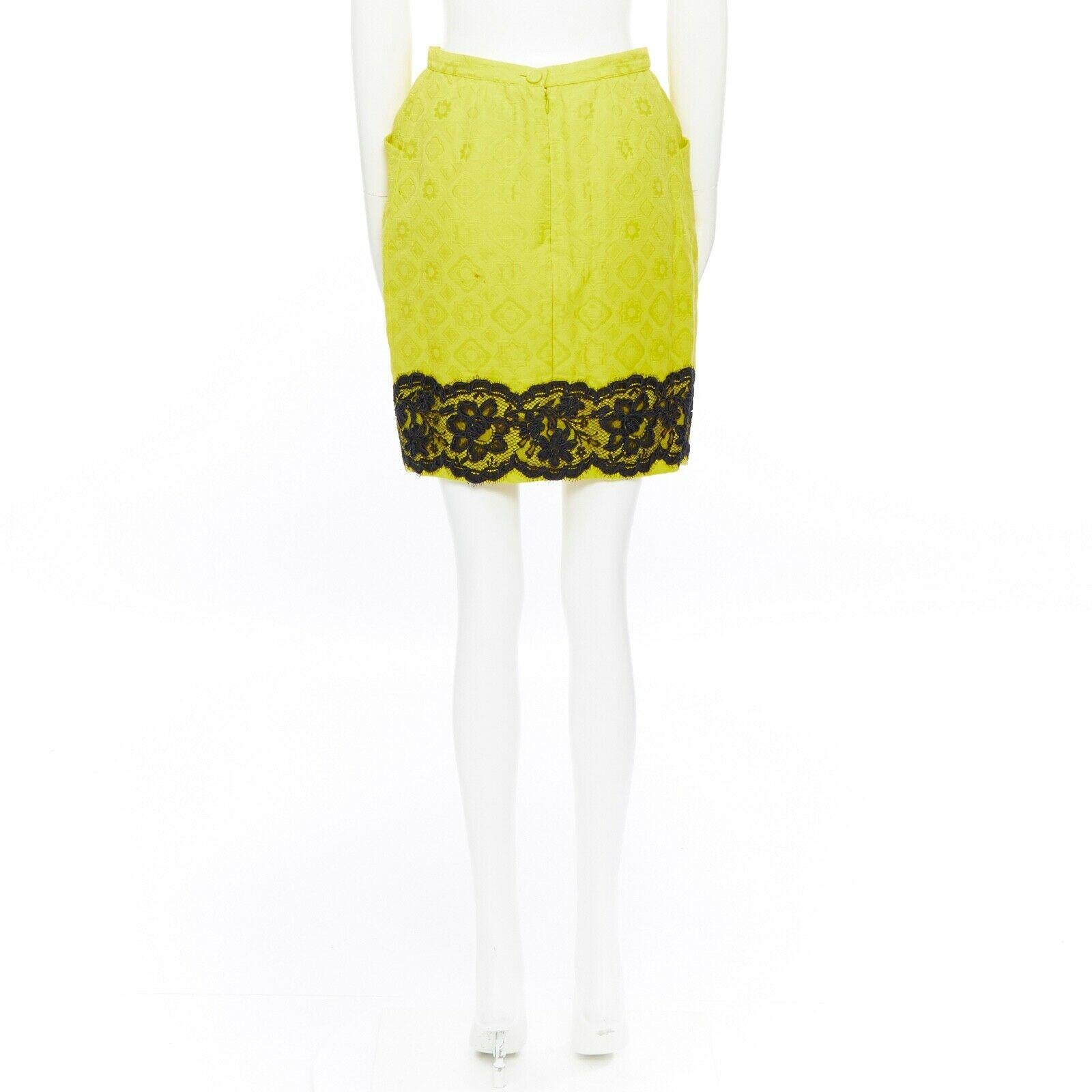CHRISTIAN LACROIX yellow cotton floral jacquard black lace pencil skirt FR40 In Fair Condition In Hong Kong, NT