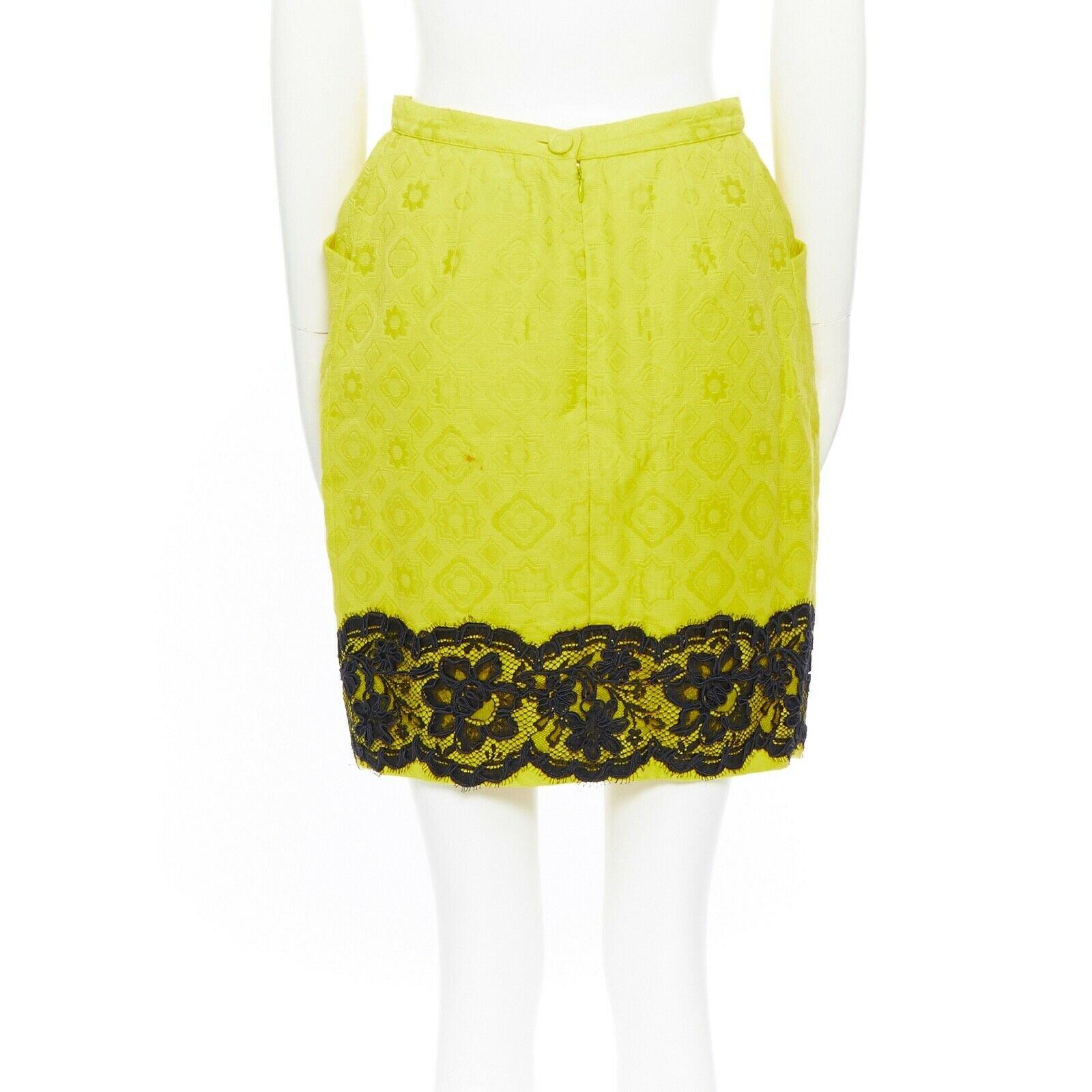 CHRISTIAN LACROIX yellow cotton floral jacquard black lace pencil skirt FR40 3