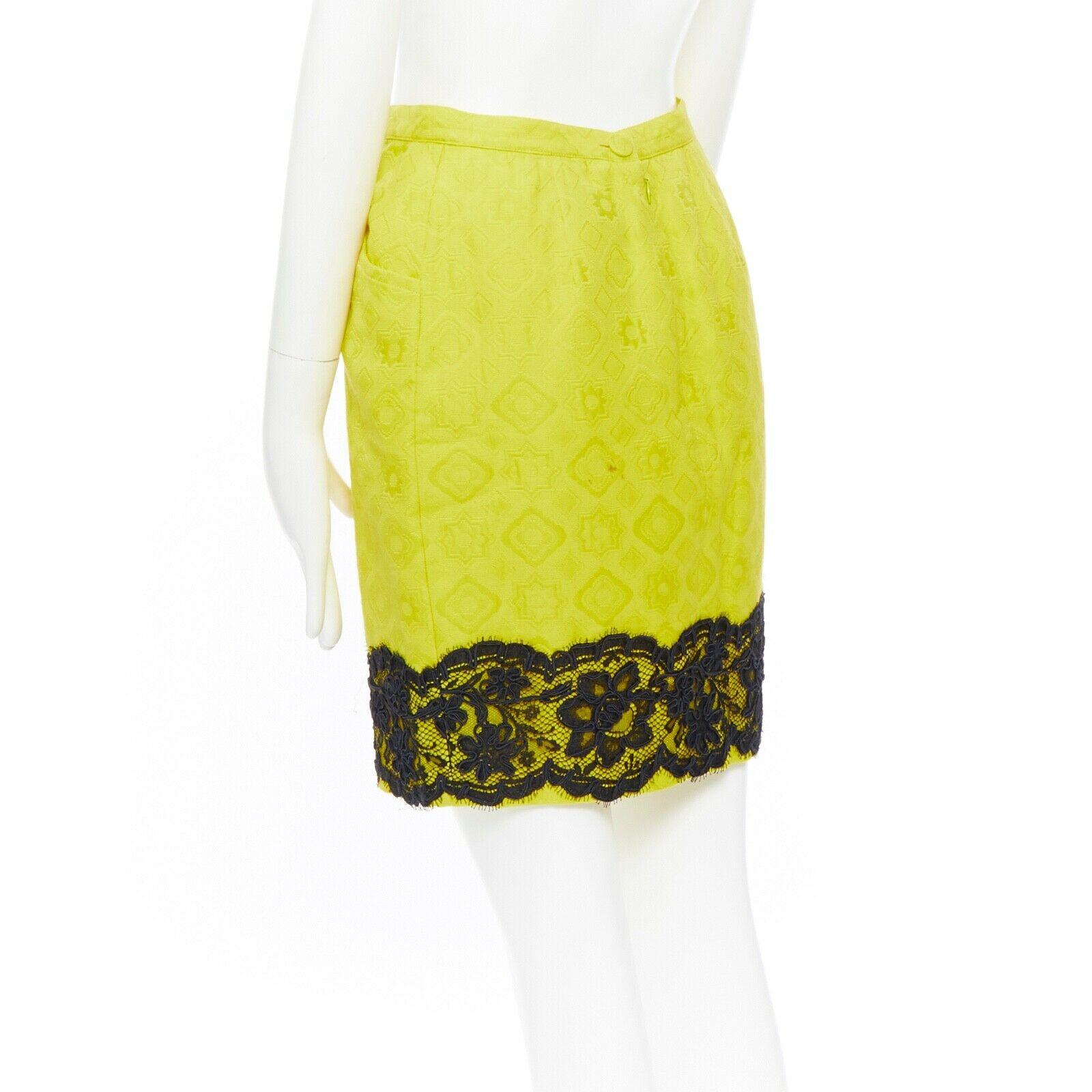 CHRISTIAN LACROIX yellow cotton floral jacquard black lace pencil skirt FR40 1