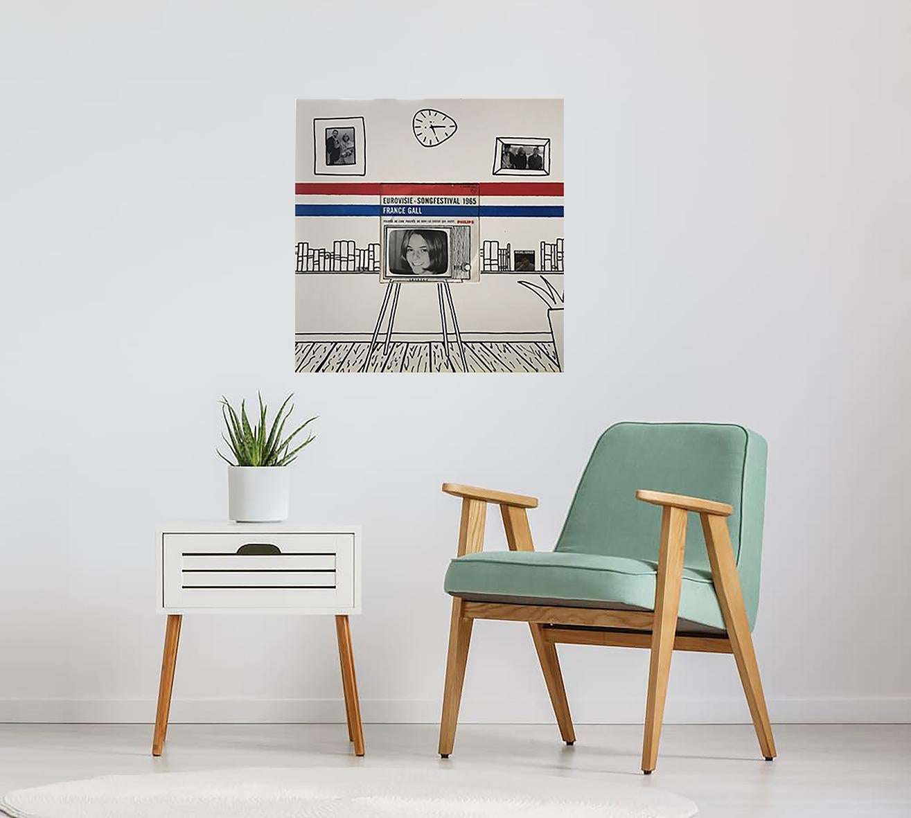  Christian Legier - Synchro - France Eurovision - France Gall
55 x 55 cm
Travail unique
Je crée l'expansion de la pochette de vinyle, en l'adaptant à mon univers. Il y a une prise de courant dans le tableau, ce qui permet d'écouter l'album. De cette