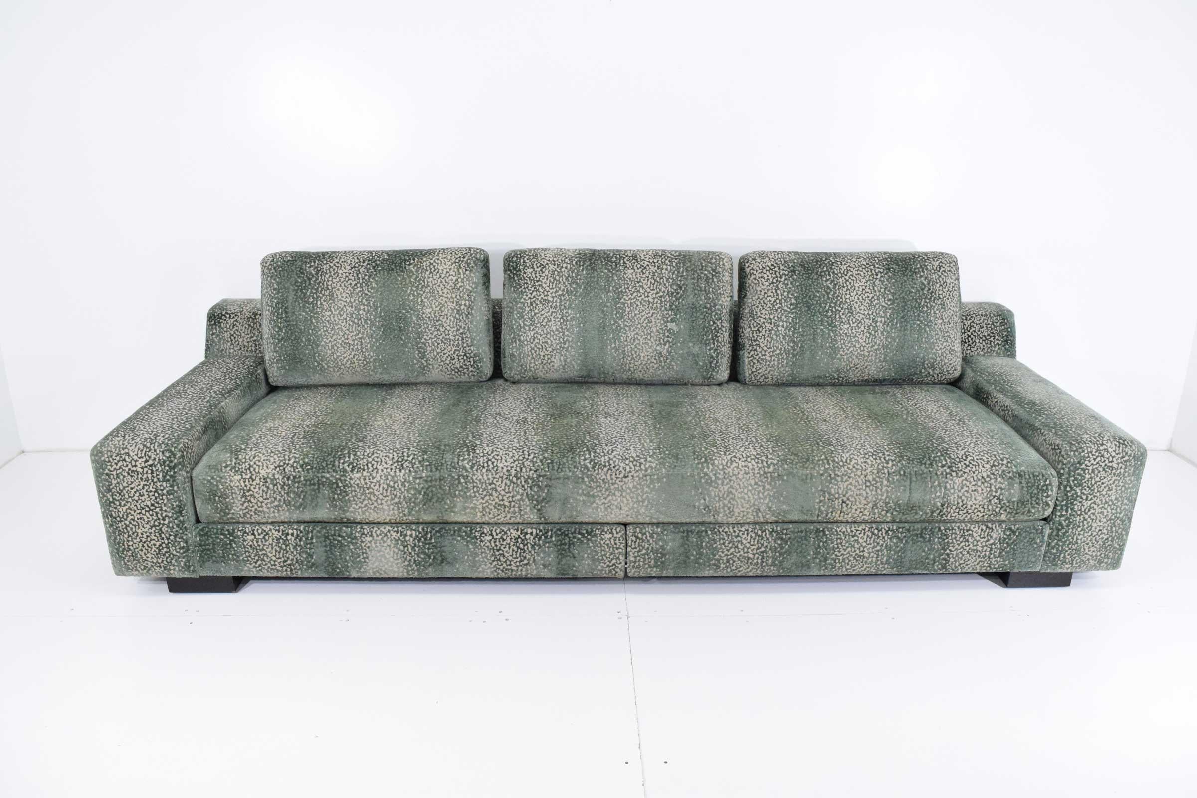 Sofa is 10' long, beautiful hi-quality cut velvet. Includes five extra throw pillows. Please see images.