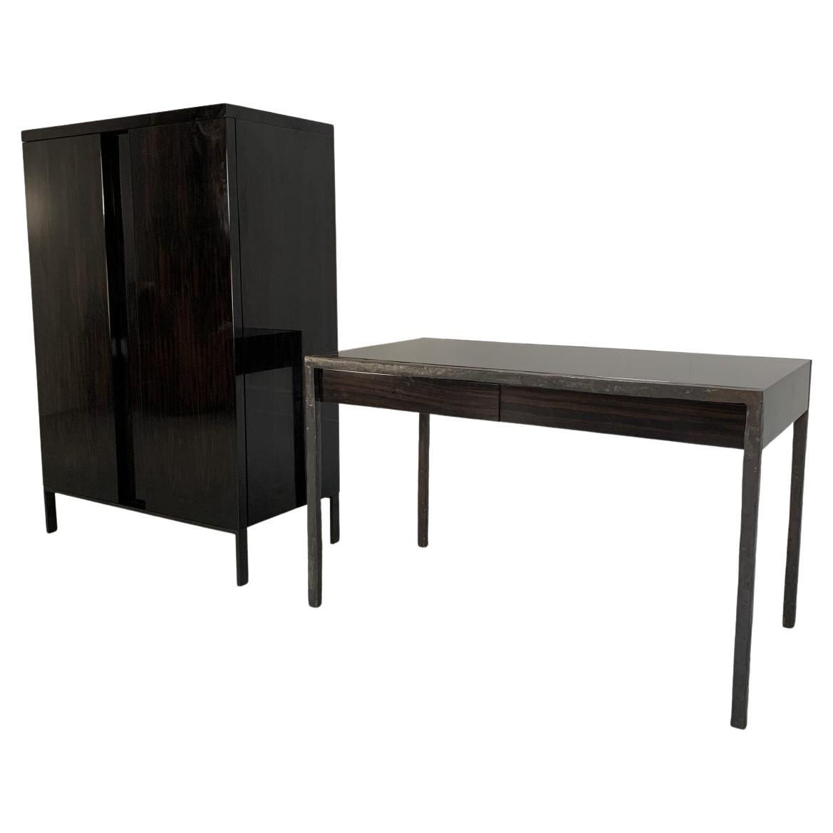 Christian Liaigre “Bartholomeo” Desk & Bookcase – In Macassar & Bronze For Sale