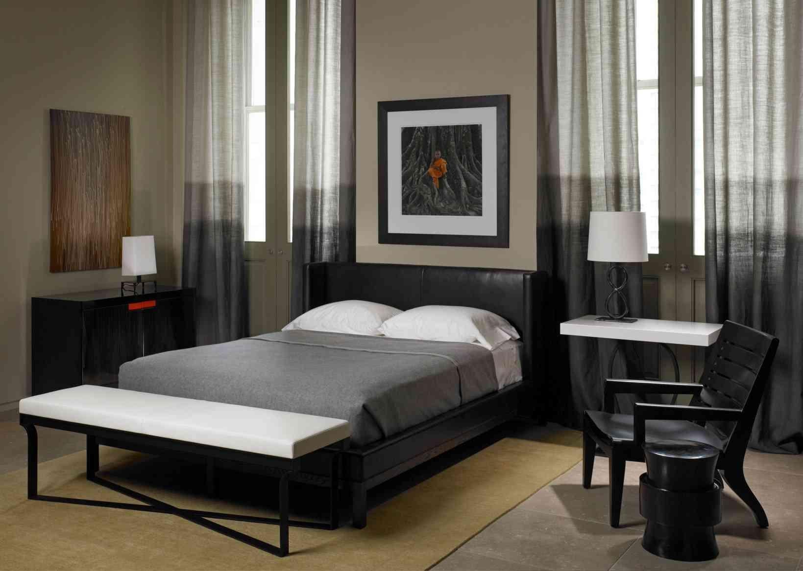 Christian Liaigre for Holly Hunt “Omen” fully upholstered black-brown leather Queen bed with espresso oak base. MSRP 19,200 USD.