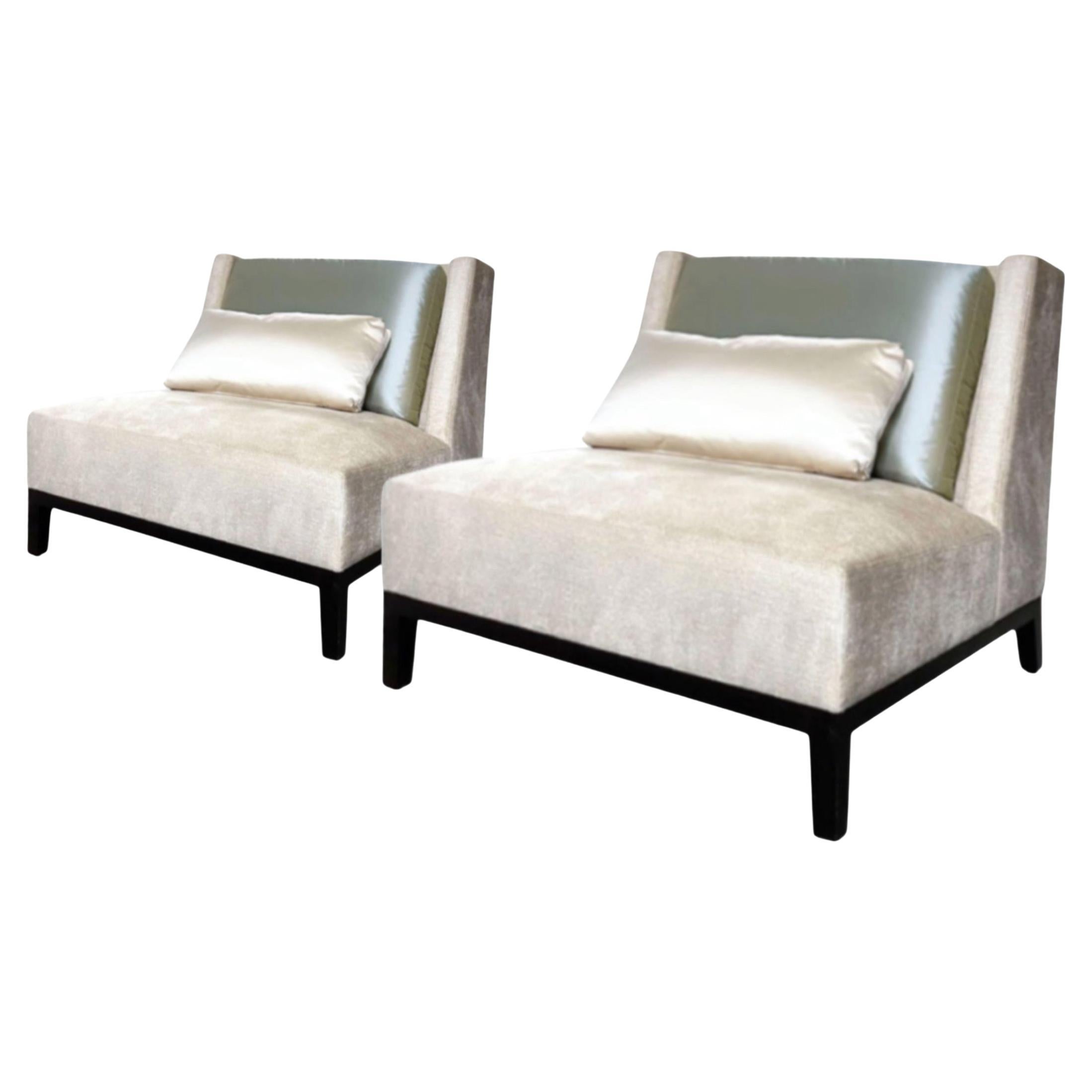 Christian Liaigre Latin Lounge Chair Set Holly Hunt, Beige Cream Green Silk 2015