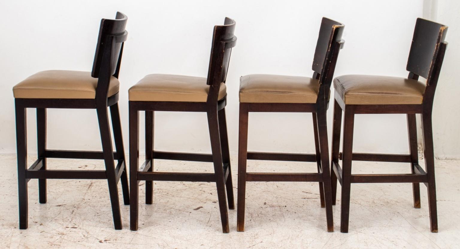 Christian Liaigre (French, 1943-2020) Mercer Kitchen (designed 1997) bar chairs, each with curved back the stained plywood frame with taupe-covered seat above tapering square legs conjoined by stretchers. Measures: 39