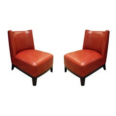 Christian Liaigre Pair of Elegant Red Leather Slipper Chairs 2000s 'Signed'