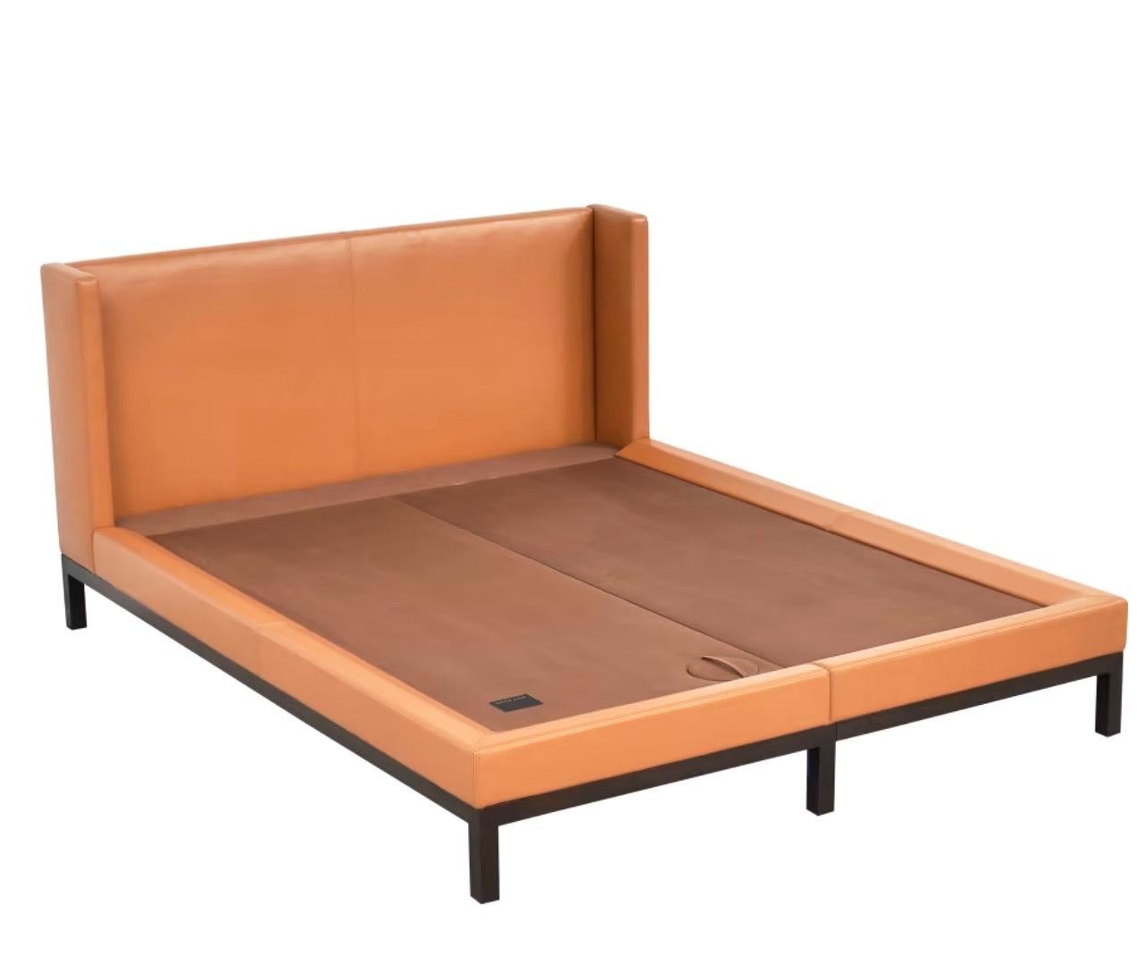 Christian Liaigre Saddle Leather Omen Bed, Queen/Double, France, c. 1994. Rare piece. No longer in production.  Available for special order from time to time from Maison Liaigre, France.  This piece dates to Liaigre’s production prior to his work