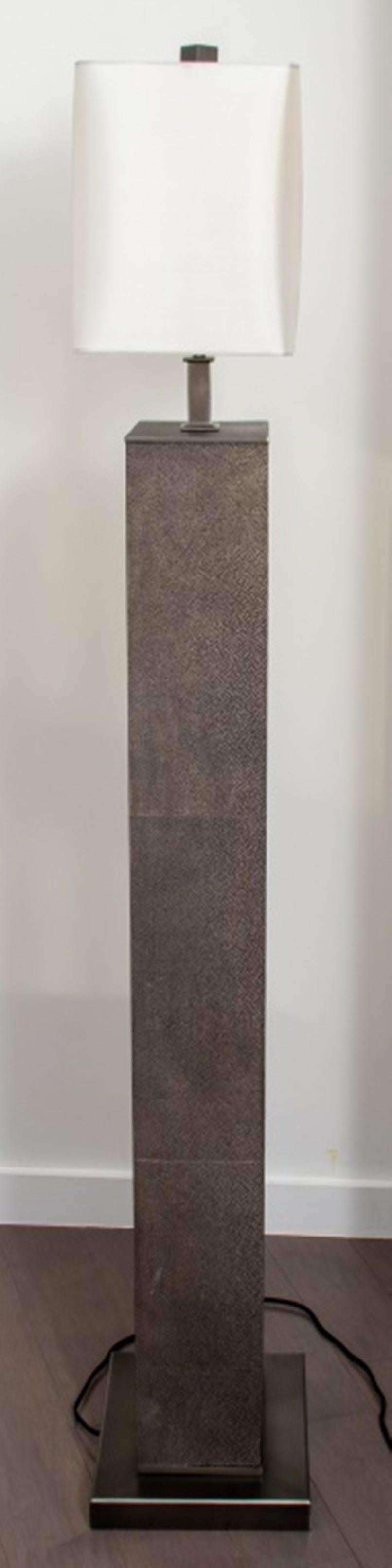 Christian Liaigre style Art Deco Revival shagreen standing floor lamp, tall and rectangular, the sides veneered in faux caviar gray shagreen, on a rectangular antiqued nickel base, with conforming shade. 67