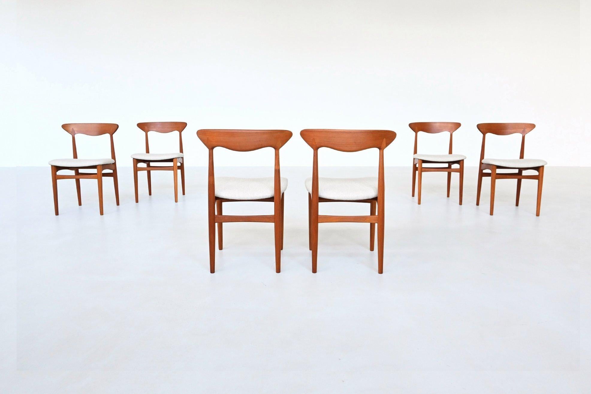 Ensemble de six chaises de salle à manger bien fabriquées, conçues par Christian Linneberg au Danemark, 1960. Fabriquées en teck massif, les chaises présentent une forme organique raffinée avec des dossiers délicatement sculptés et des pieds