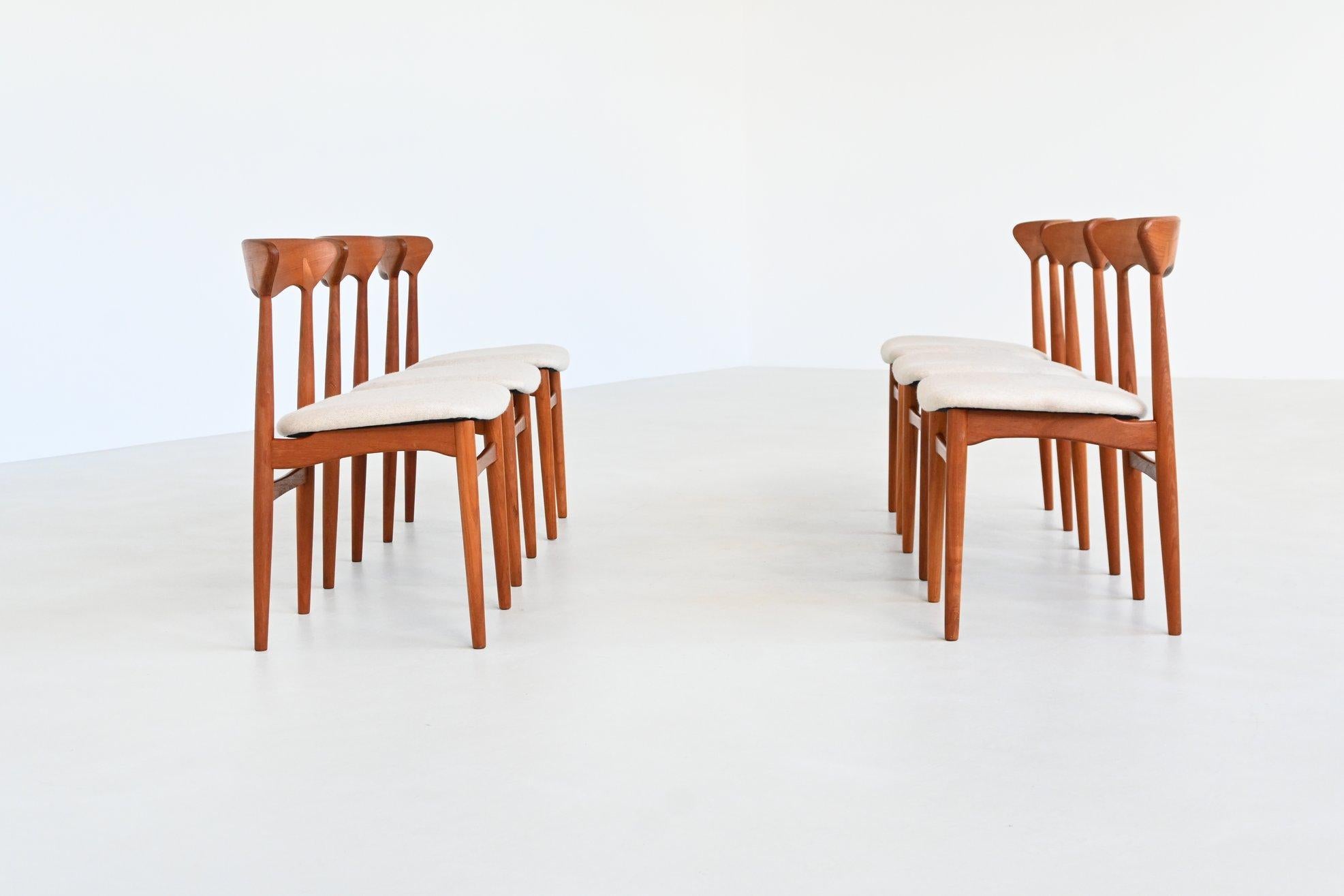 Tissu Christian Linneberg set de six chaises de salle à manger en teck Danemark 1960 en vente