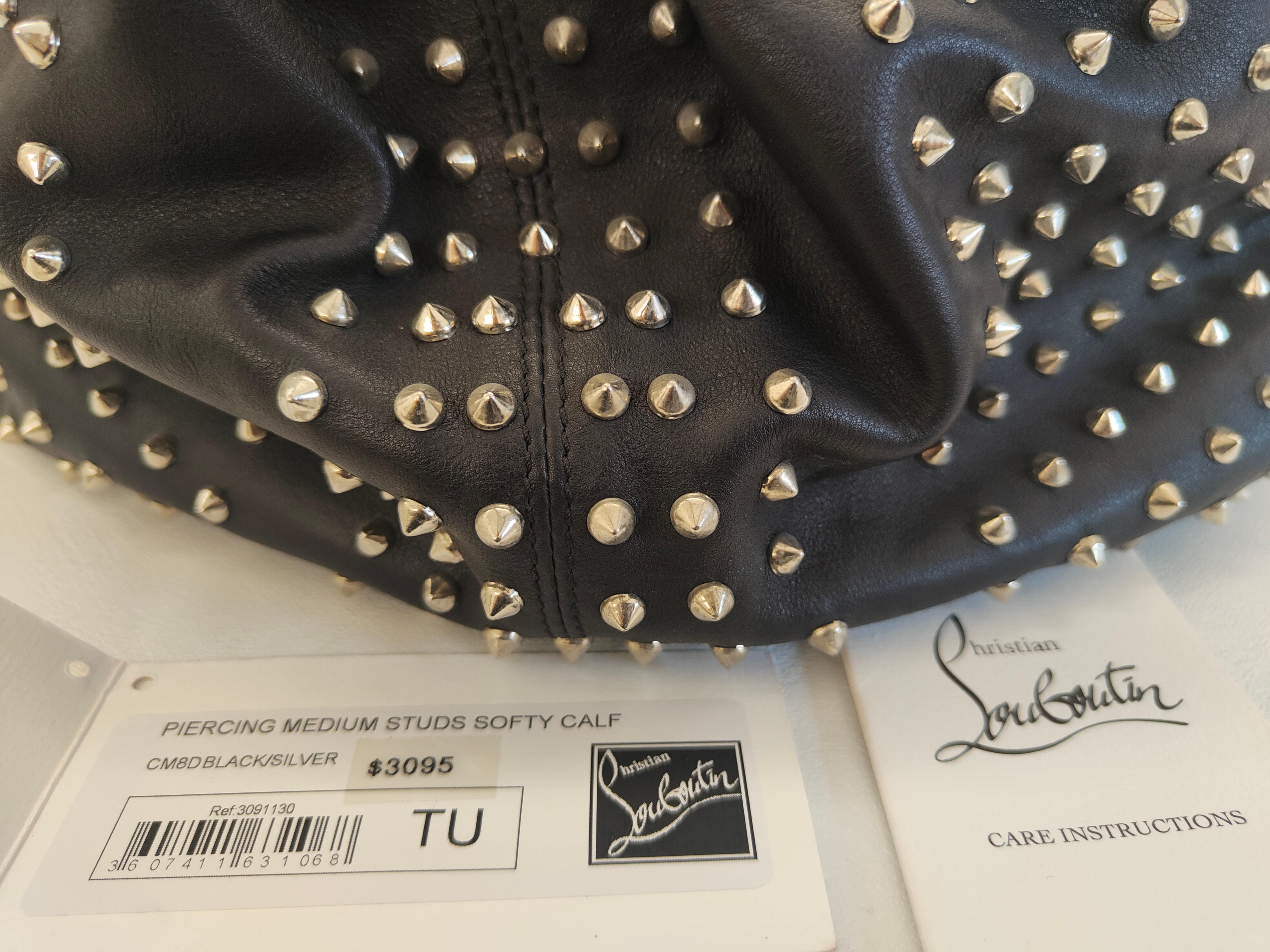 Christian Loboutin black leather silver studs handle bag For Sale 2