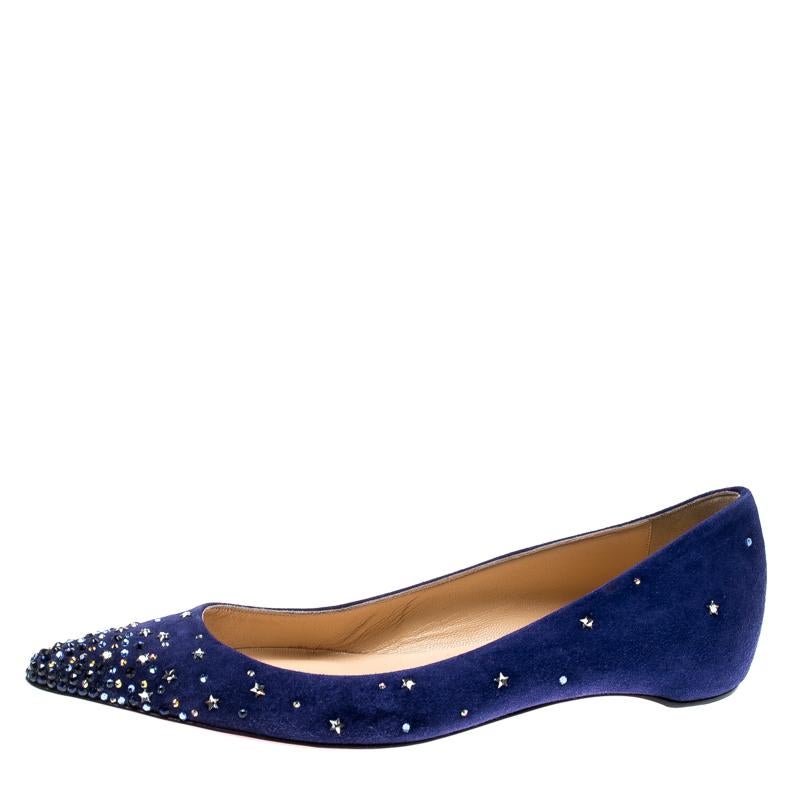 Wear luxury with a touch of the galaxy by choosing these blue ballet flats from Christian Louboutin. These suede flats flaunt pointed toes, leather insoles, crystal and star embellishments and the iconic red soles.

Includes: The Luxury Closet