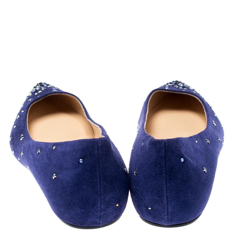 Women's Christian Loboutin Blue Suede Crystal Star Gravitanita Ballet Flats Size 37.5