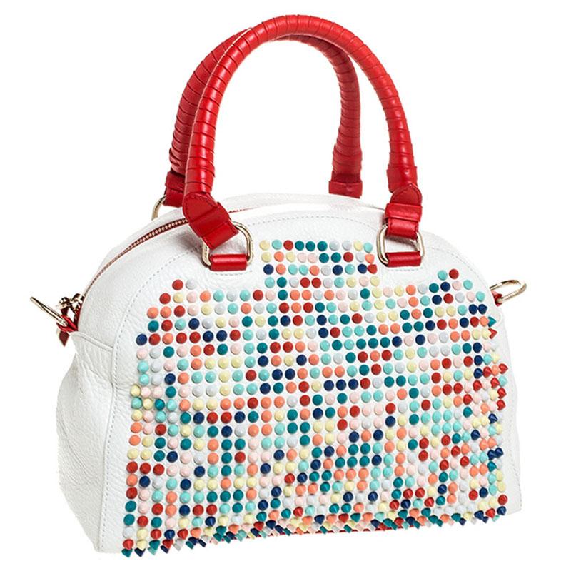 Christian Loboutin White/Red Leather Studded Panettone Satchel In Excellent Condition In Dubai, Al Qouz 2
