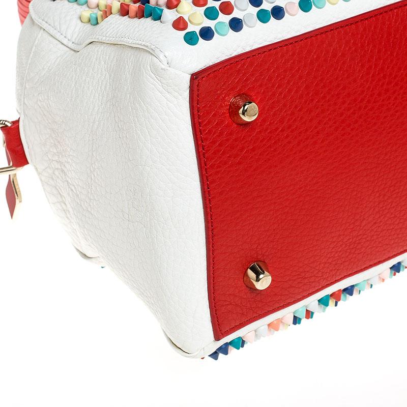 Christian Loboutin White/Red Leather Studded Panettone Satchel 2