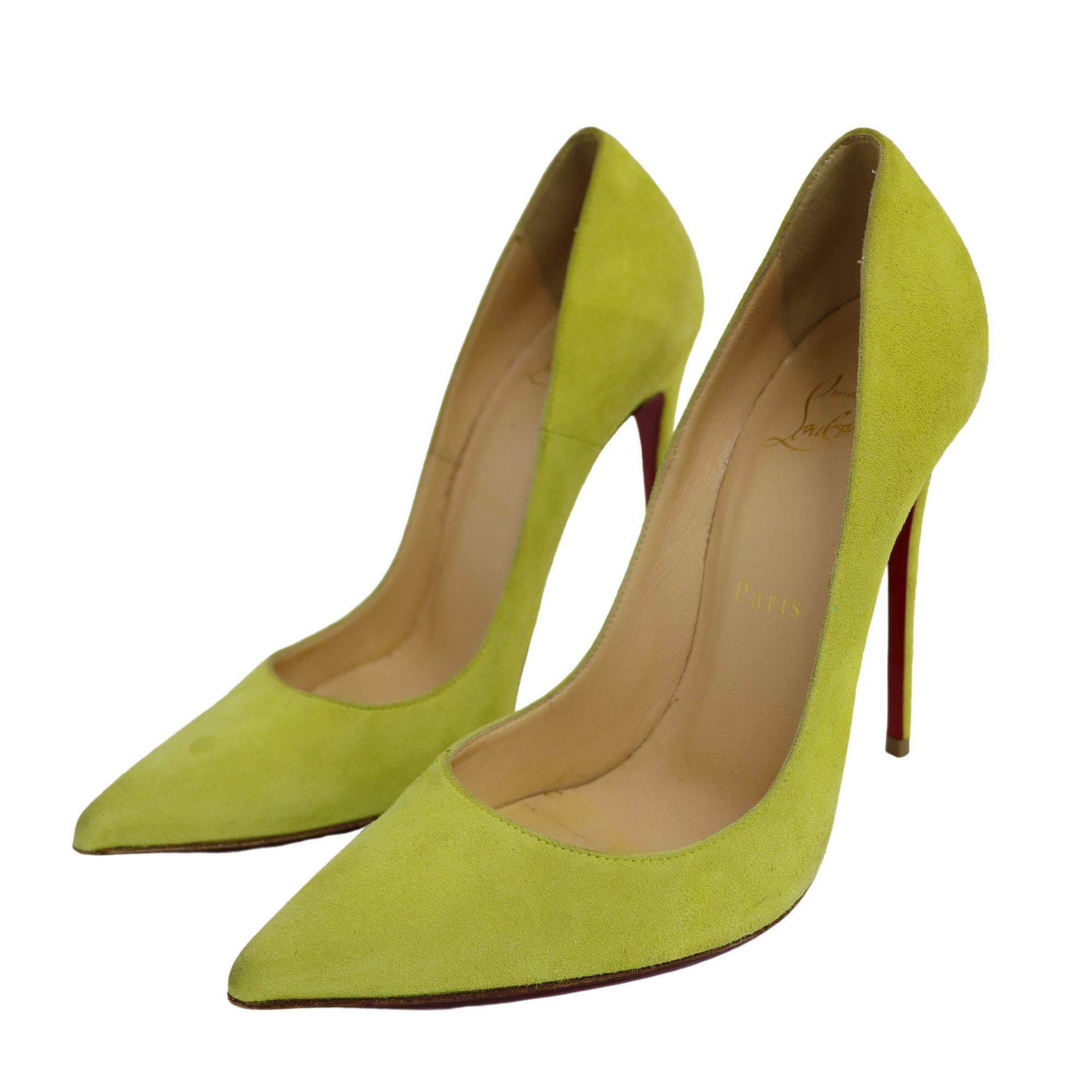 Christian Louboutin lime green suede 'So Kate' 120 Pumps. Great condition, consistent with minimal wear and use. A beautiful pop of color. Includes original dust bag

Size: 37.5
Heel Height: 12cm

Overall Condition: Good.
Interior Condition: signs
